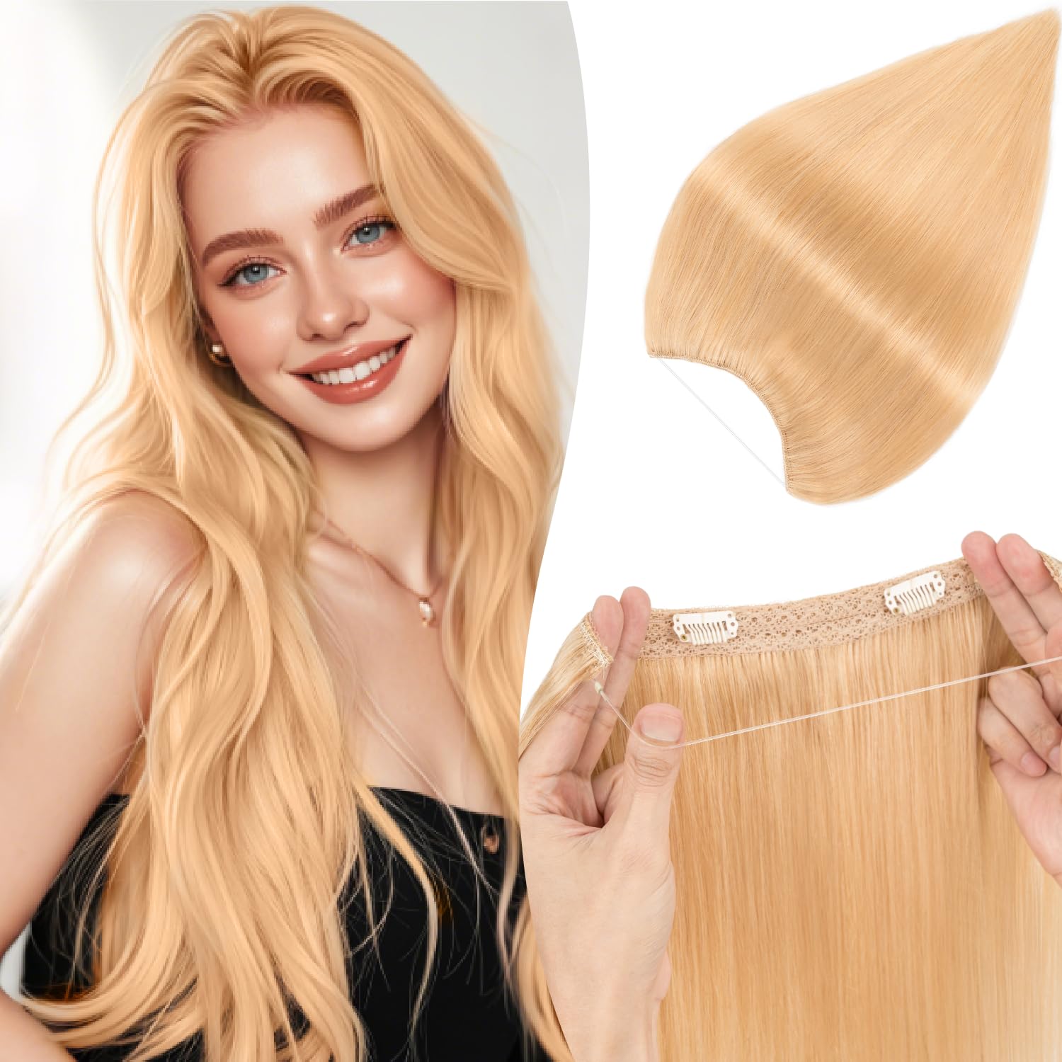 TESSHAIR Halo Hair Extensions Straight, 100% Real Human Hair,No Tangle & Smooth,Invisible Wire Extensions for Women,55g,12 Inch, #24 Natural Blonde