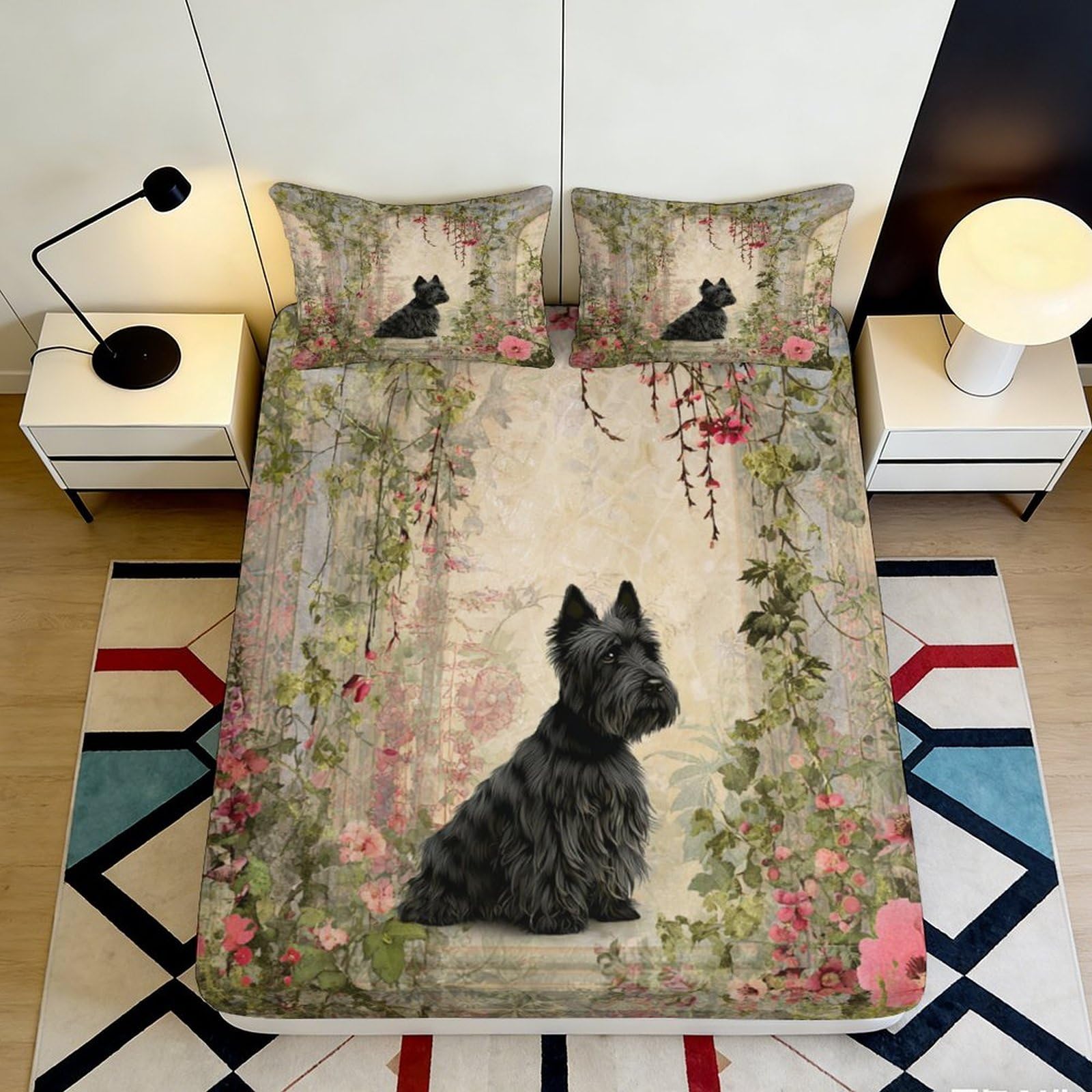 3D Printed Scottish Terrier Botanical Fitted Sheet Microfiber Non-Slip Deep Pocket Adult Bedding Set Scottish Terrier Mattress Fitted Cover Washable 200x200x25cm 90x200x25cm