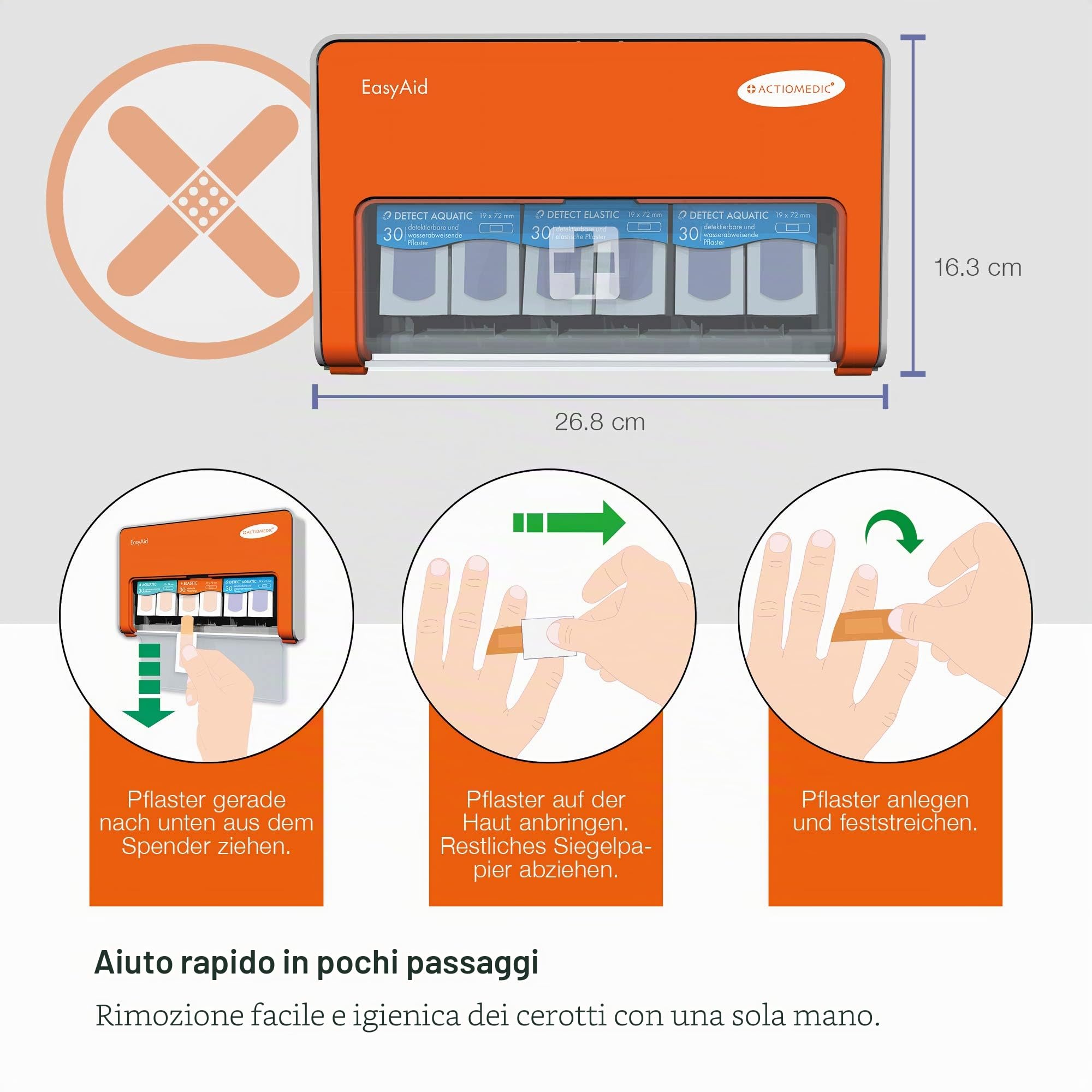 ACTIOMEDIC I Distributore di cerotti con DETECT, Include 90 pz cerotto rilevabile per l'industria alimentare, Sistema kanban e accessori montaggio a parete