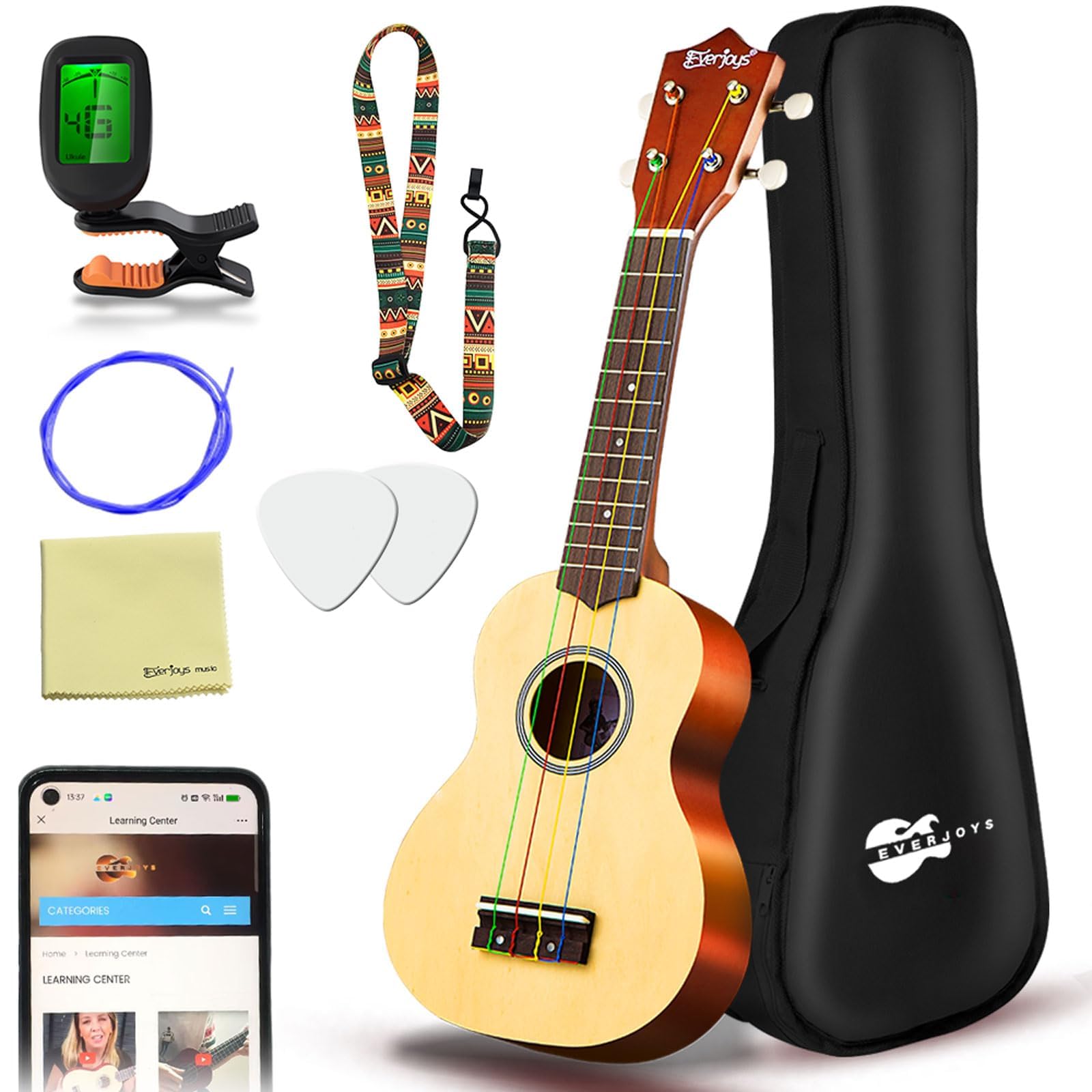 Ukelele Soprano, Principiantes Ukulele Kit 21 Pulgadas, Hawaiano Uqueleles con Bolsa, Afinador, Correa, Todo en un solo juego