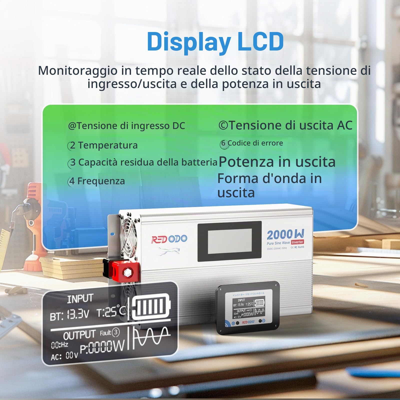 Redodo Pure Sine Wave Inverter 2000W 2V DC a 230V AC Converter per Womo, Camping, Inverter di Energia Solare con 2 Uscite AC, Schermo di Monitoraggio con Visualizzazione dello Stato in Tempo Reale