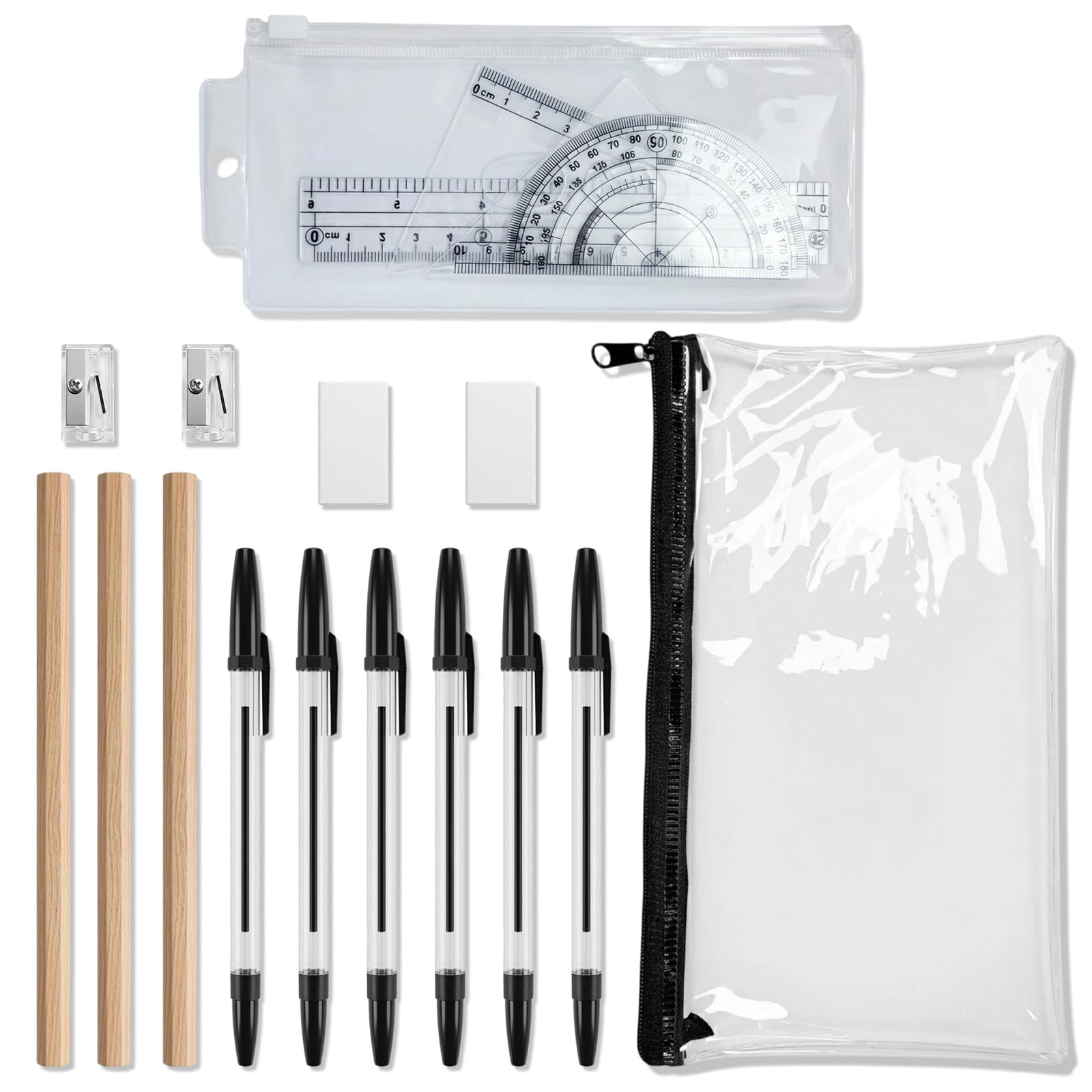 LinCoo 18 Pcs GCSE Maths Set, Maths GCSE Set, Clear Exam Stationery for Transparent Protractor and Ruler Kits, See Through Pencil Case for Students Girls Boys Teenagers School