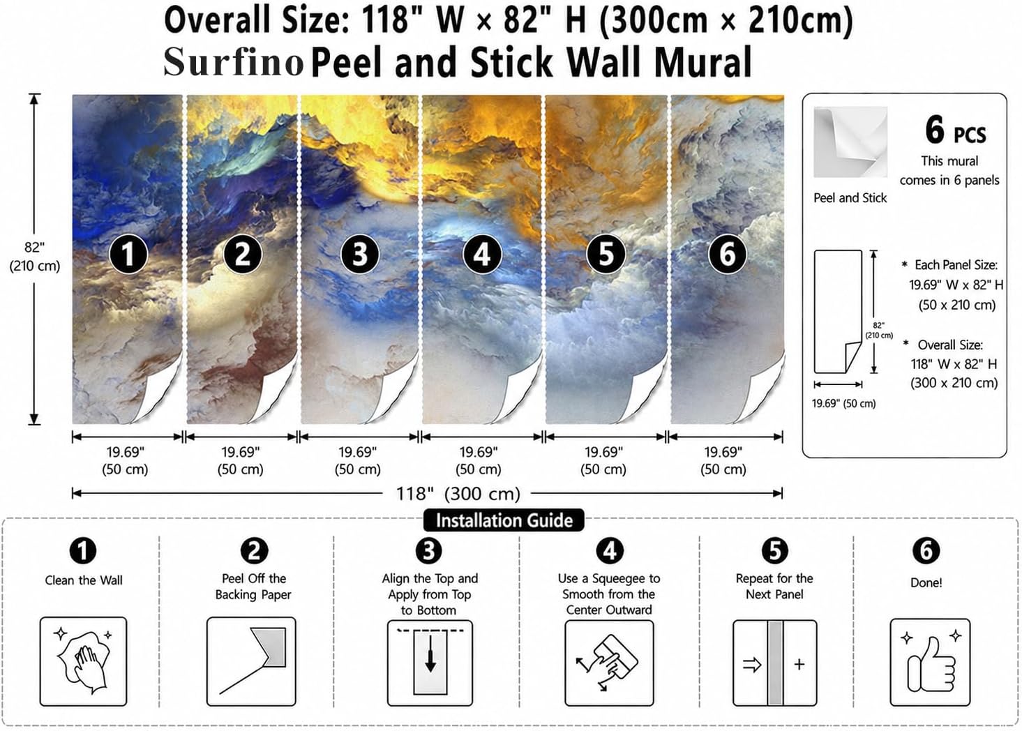 Luxury Gold Blue Cloud Peel and Stick Wall Mural, Abstract Nebula Self-Adhesive Wallpaper, Removable Modern Accent Decor for Home (Color34, 118" x 82")