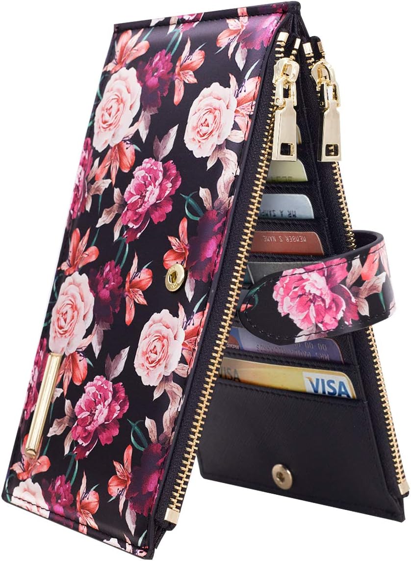 Wallets for Women Rose Flowers Floral Wallet Multi Card Organizer Bifold Wallet with Zipper Pocket,Black