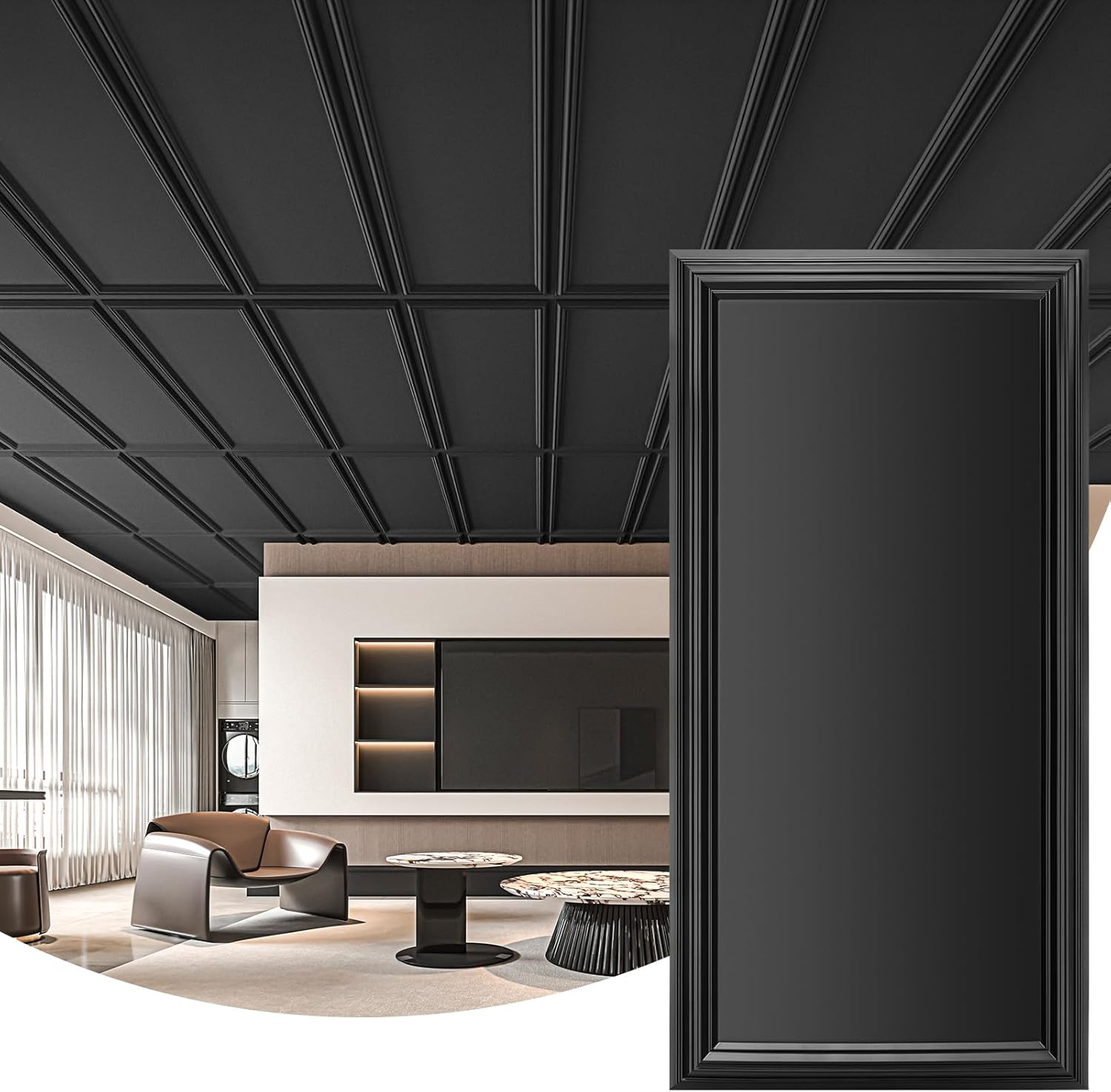 Art3d Drop Ceiling Tiles 48x24, Decorative PVC Ceiling Panels, Waterproof Rustproof and Durable 12-Pack, Glue Down, Rectangular Black