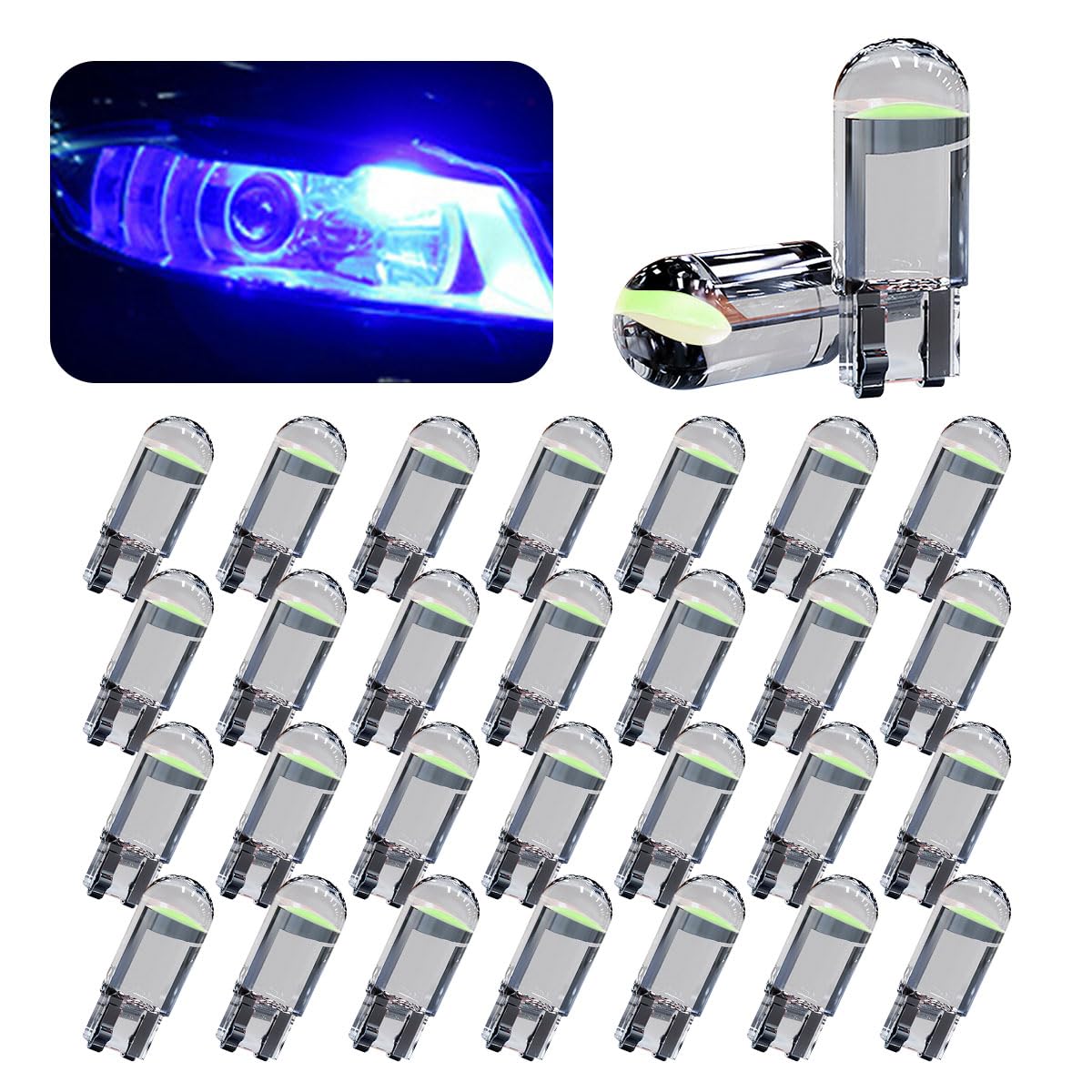 30-Pack 194 Car LED Light Bulbs, 0.36W 12V T10 6000K Interior Lights, 168 2825 W5W Wedge COB LED Replacement Bulbs, Universal for Dashboard Light, Dome Light, Sign Light, License Plate Light (BLUE)