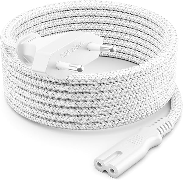 deleyCON 3,0m Cavo di Alimentazione Elettrico Spina Euro Tipo c a C7 (in Nylon) Connettore Piatto 2,5A per Presa C8 TV Soundbar PS4 PS5 Alimentatori Piccoli Elettrodomestici ecc. - Bianco - 1