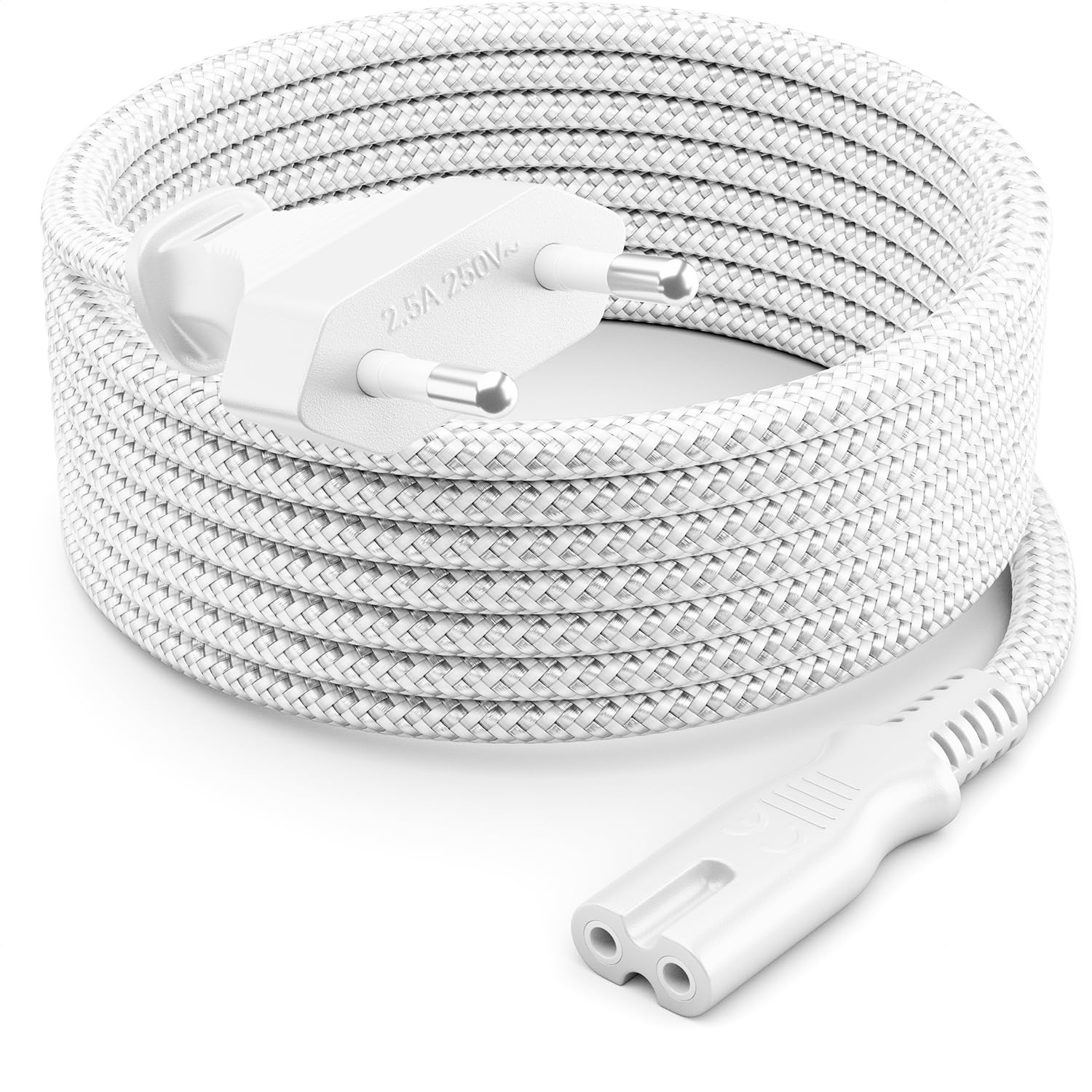 deleyCON 3,0m Cavo di Alimentazione Elettrico Spina Euro Tipo c a C7 (in Nylon) Connettore Piatto 2,5A per Presa C8 TV Soundbar PS4 PS5 Alimentatori Piccoli Elettrodomestici ecc. - Bianco