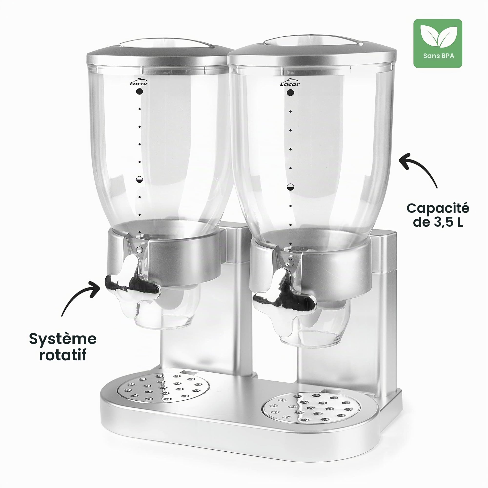 LACOR 62597 Distributeur de céréales, Fruits secs, pâtes et Bonbons, Double récipient, Deux récipients de 3,5 L, système Rotatif, sans BPA, 33 x 20 x 42 cm, Gris