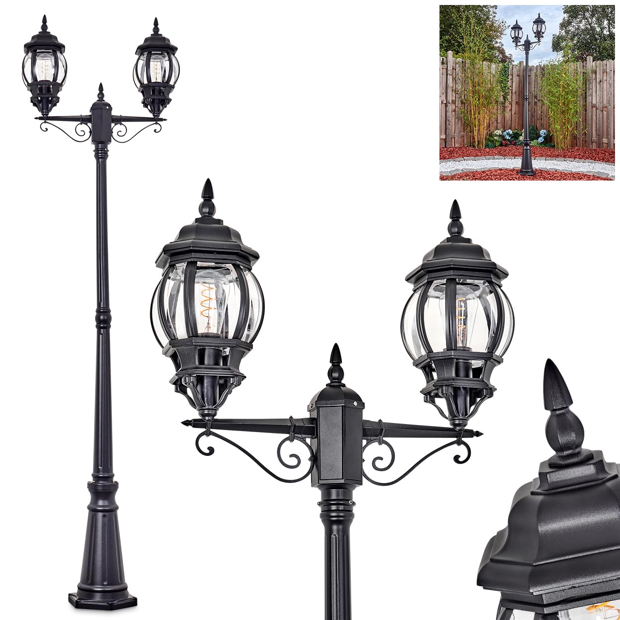HOFSTEIN Candelabro Lentua, lampada da esterno in metallo/vetro nero/trasparente, lampada da giardino in stile vintage/antico/rustico per giardino, esterno, cortile, altezza 216 cm, 2 x E27, IP44