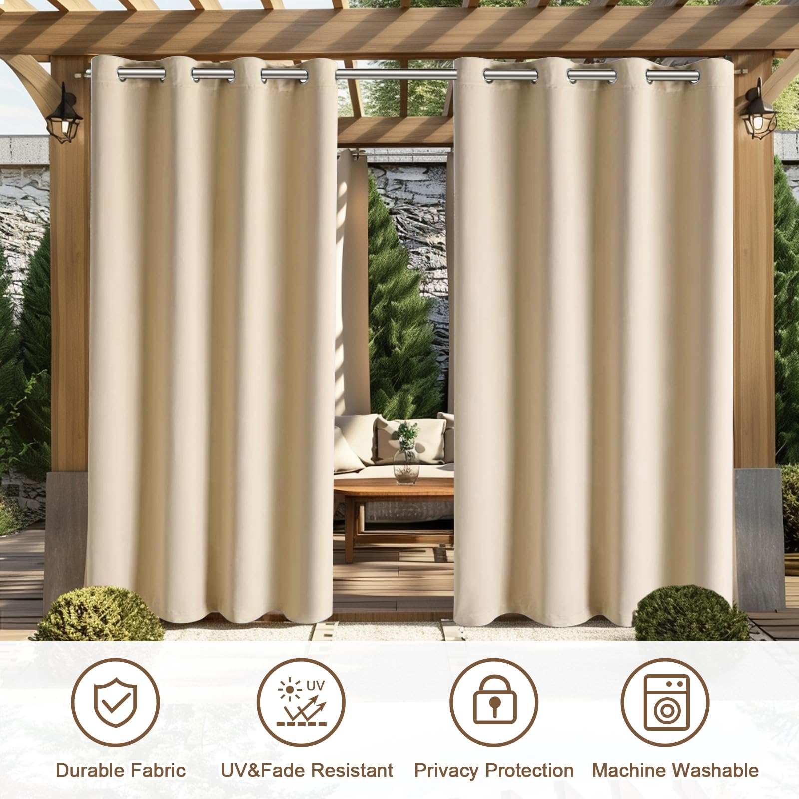 Rideaux d'extérieur Imperméables,Lot de 2 Rideau pour Pergola à Oeillets en Haut,Rideau Occultant Exterieur,Rideau Exterieur Terrasse pour Intérieur Extérieur 132x215cm,Beige