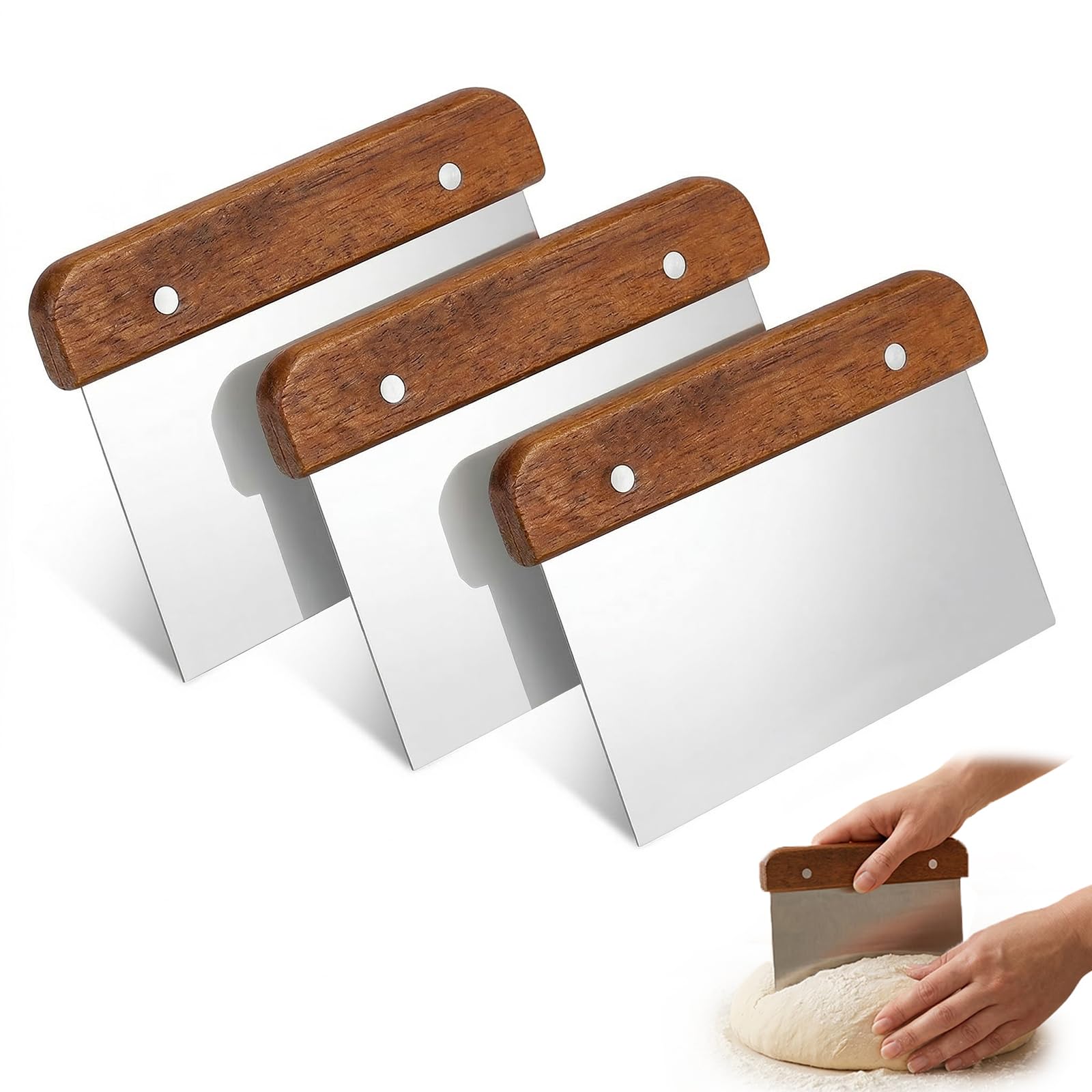 Xdealcozyxc 3 Pcs Food Scraper, Kitchen Wooden Handle Stainless Steel Bench Scraper Cutter For Pizza Bread Pastry Cake Dough