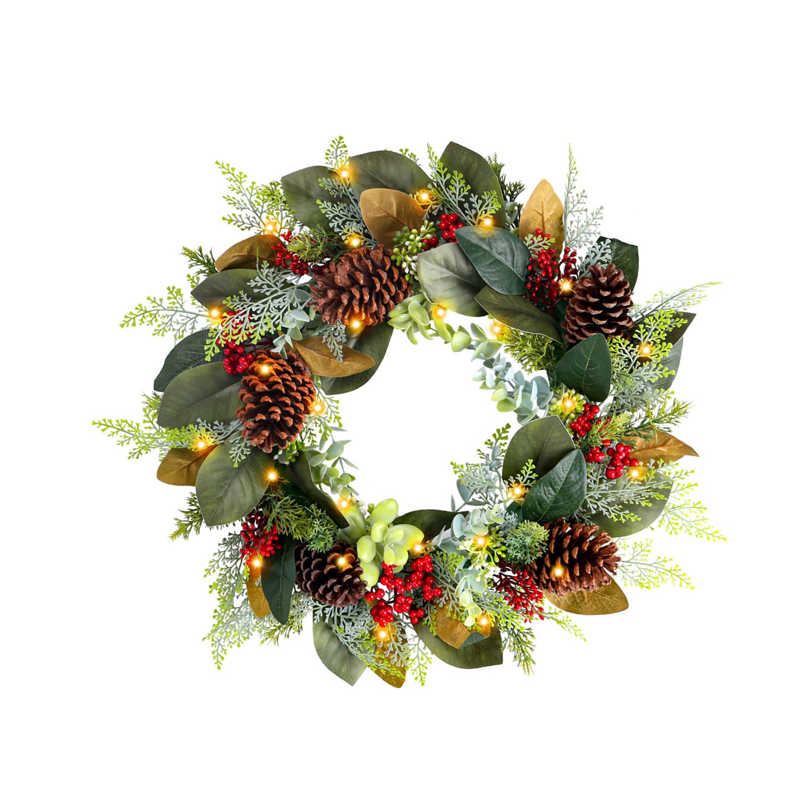 Jazuaiao Christmas Wreath with LED Light, Artificial Wreath with Pinecone, Winter Holiday for Front Door Window Hallway Christmas