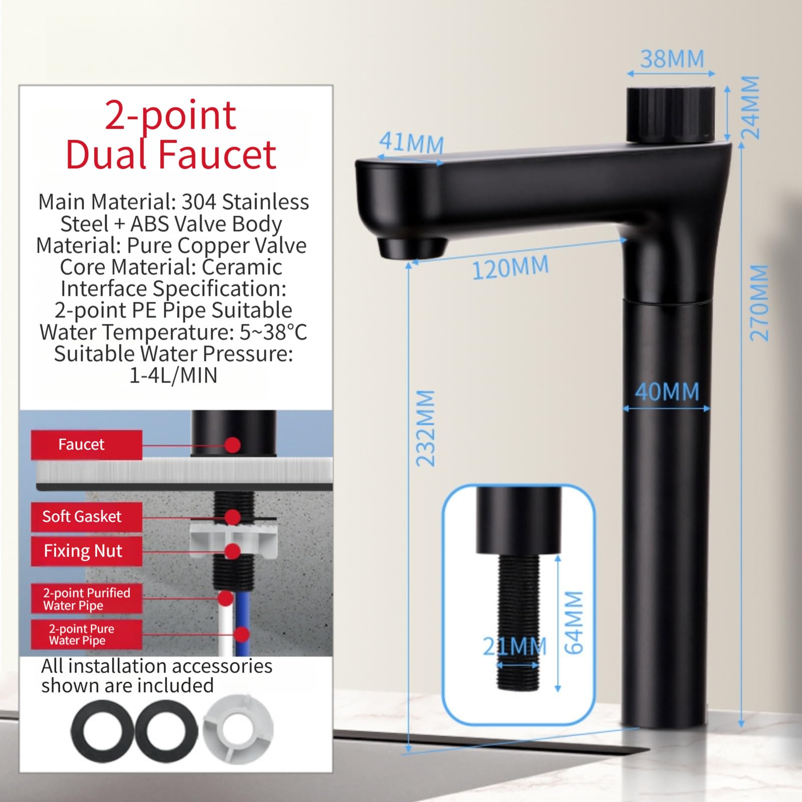 Aérateur Robinet Purificateur Acier Inoxydable 22-36mm(Black Double Benefit)