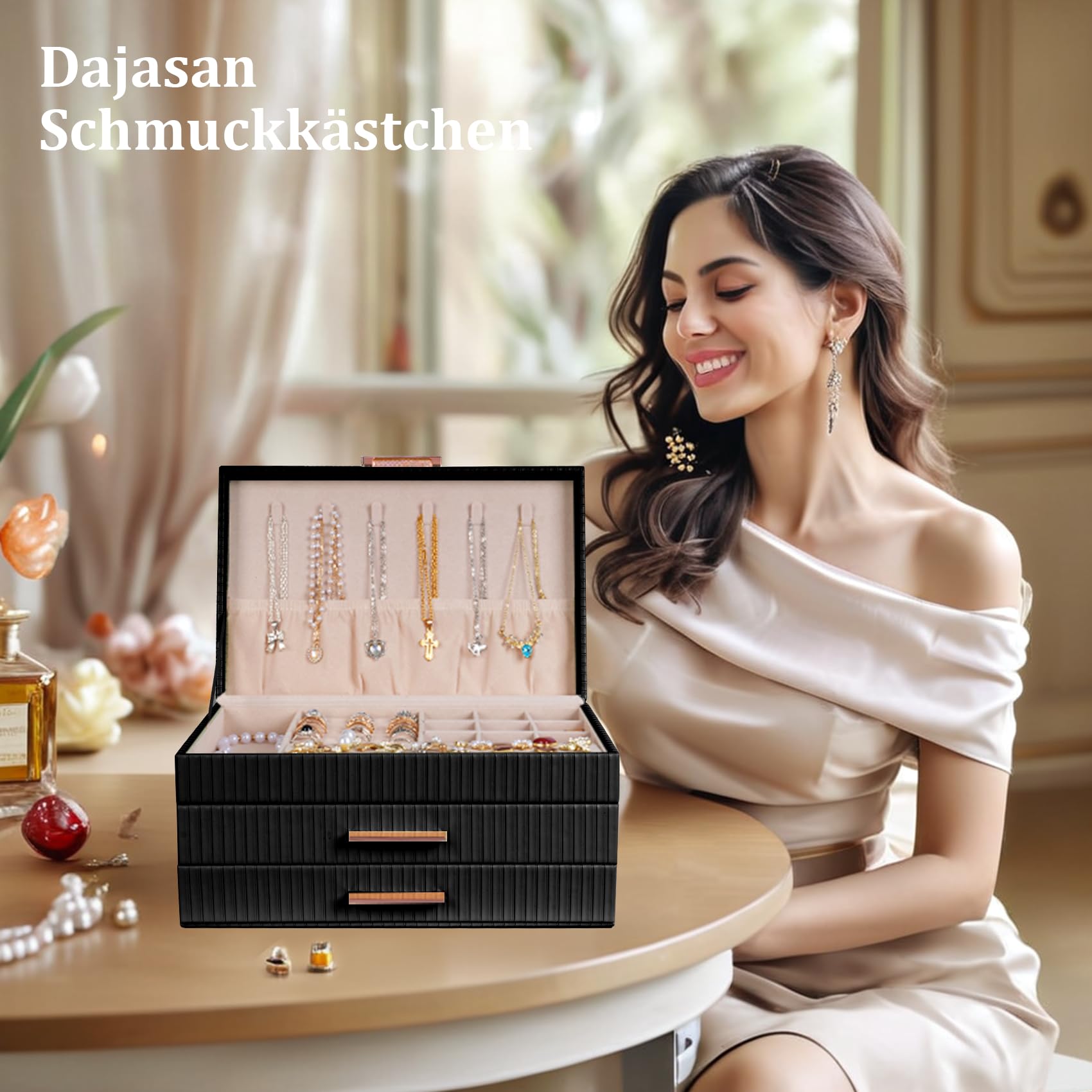 Dajasan Joyero Mujer, Joyero Grande, Organizador Joyas 2 Cajones, Joyeros para Collares, Anillos, Pendientes, Pulseras, Idea Regalo (Negro)