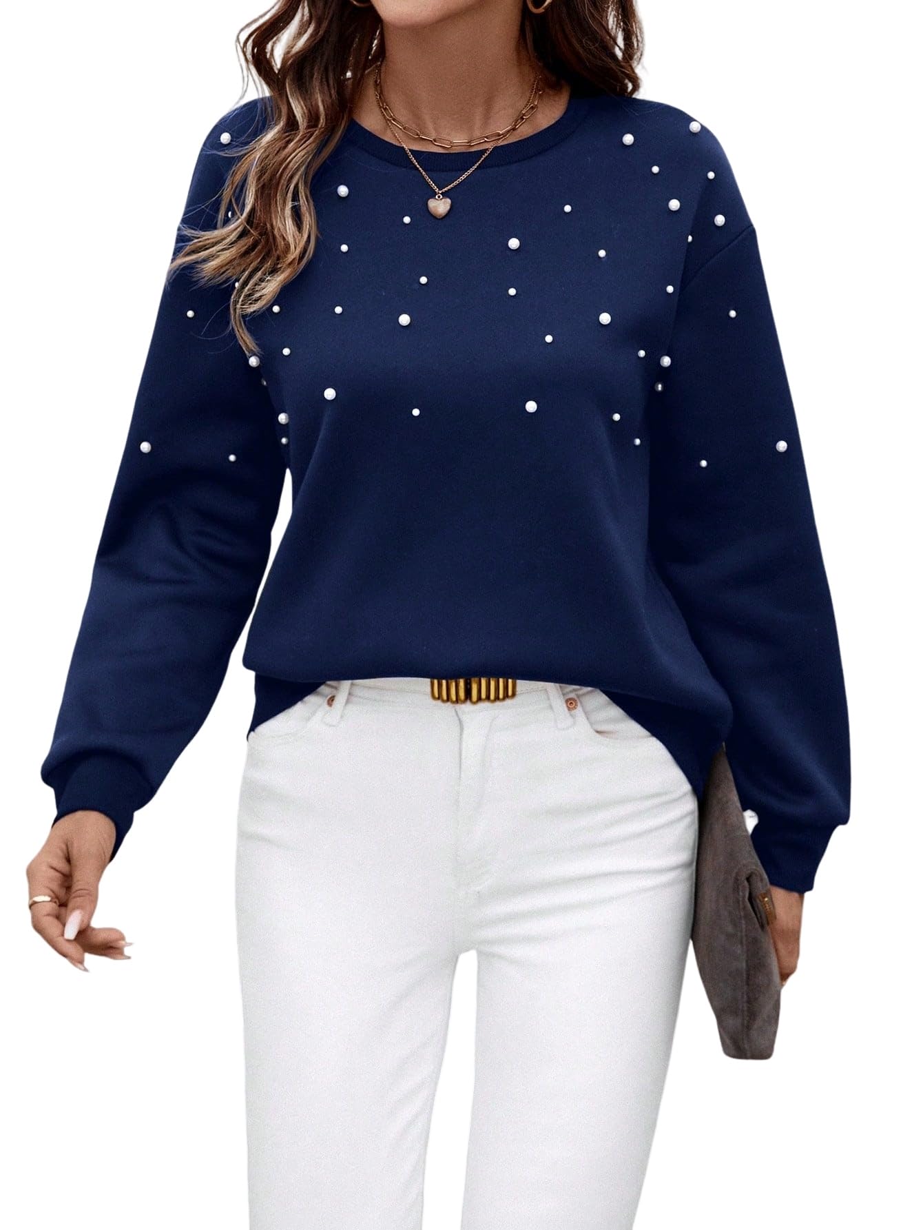 Urchics Womens Casual Sweater Women Casual Drop Shoulder Faux Pearl Beaded Pullover Sweater in Fall Winter