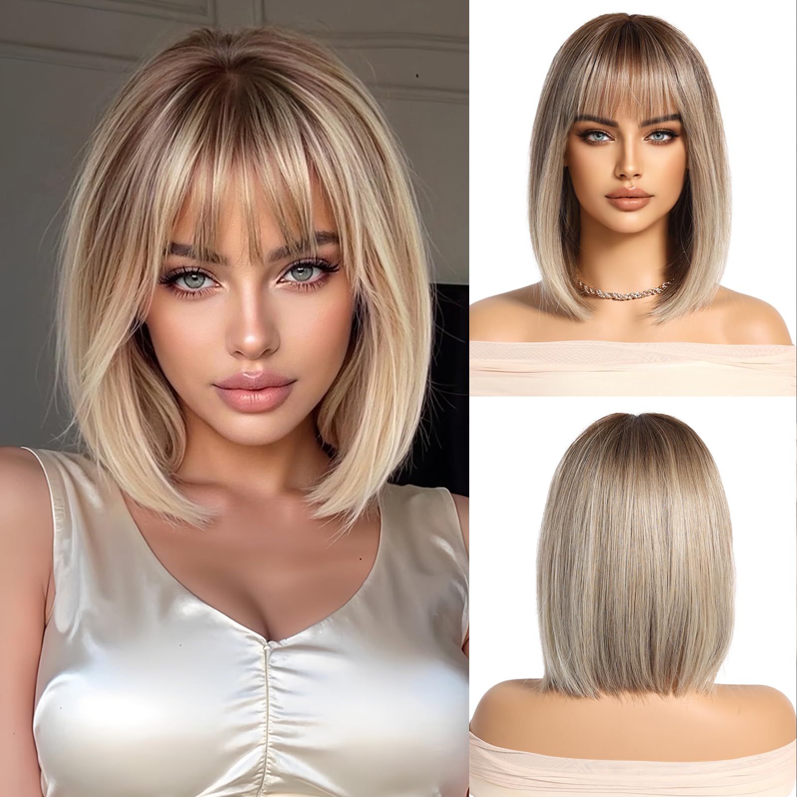 Ombre blond peruka damska krótka bob, prosta peruka syntetyczna dla kobiet, 100% japońskie włókna Kanekalon, na co dzień, imprezę, Halloween