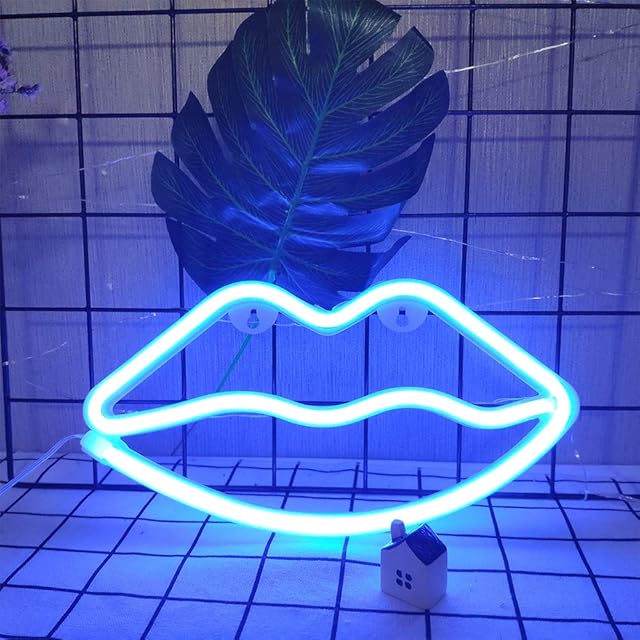 ENUOLI Blue Lip Neon Signs Light LED Lip Shaped Neon Night Lights Neon Sign Operated by Battery/USB Wall Decoration Lights for Home House Bar Pub Hotel Beach Recreational Valentines Day Christmas