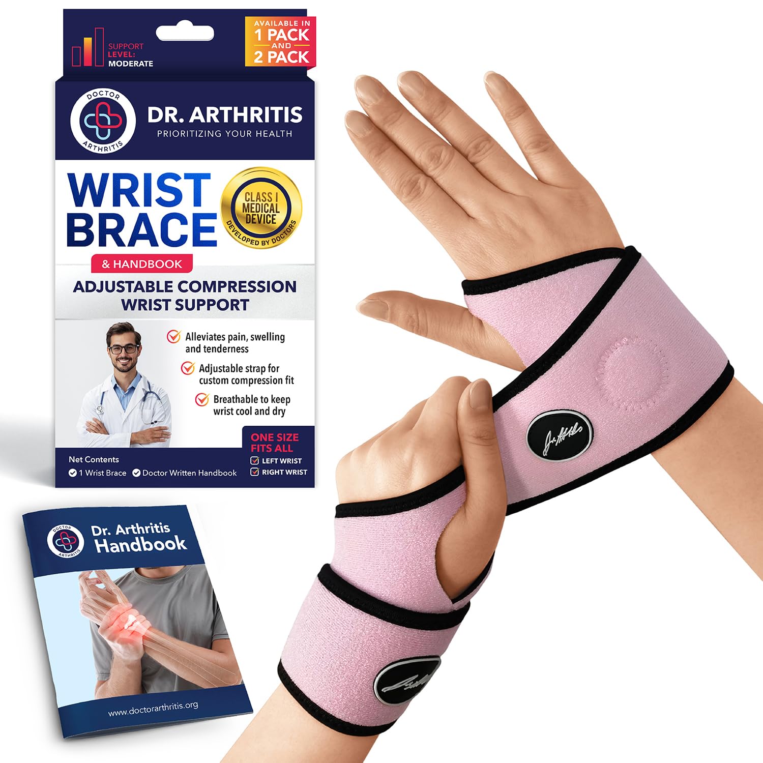 Doctor Developed Wrist Brace - Wrist wrap for Carpal Tunnel Arthritis,Tendonitis, Hand Support - Ideal for Fitness, Weightlifting - Handbook included (Pink, 2 Pack)