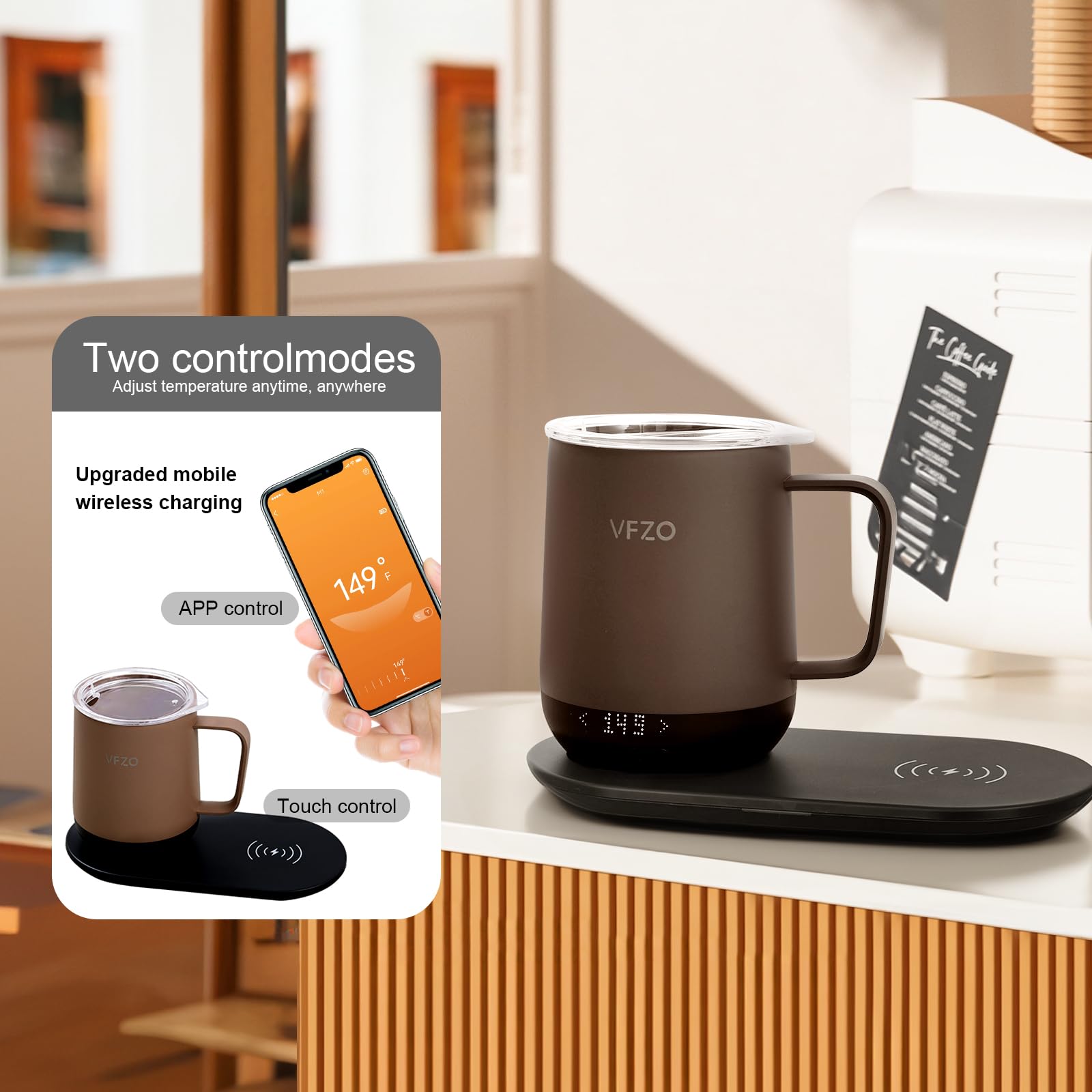 Taza inteligente con control de temperatura, taza de café autocalentable, pantalla LED, duración de la batería de 180 minutos, caliente hasta 140 °F, base de cargador inalámbrico rápido, diseño