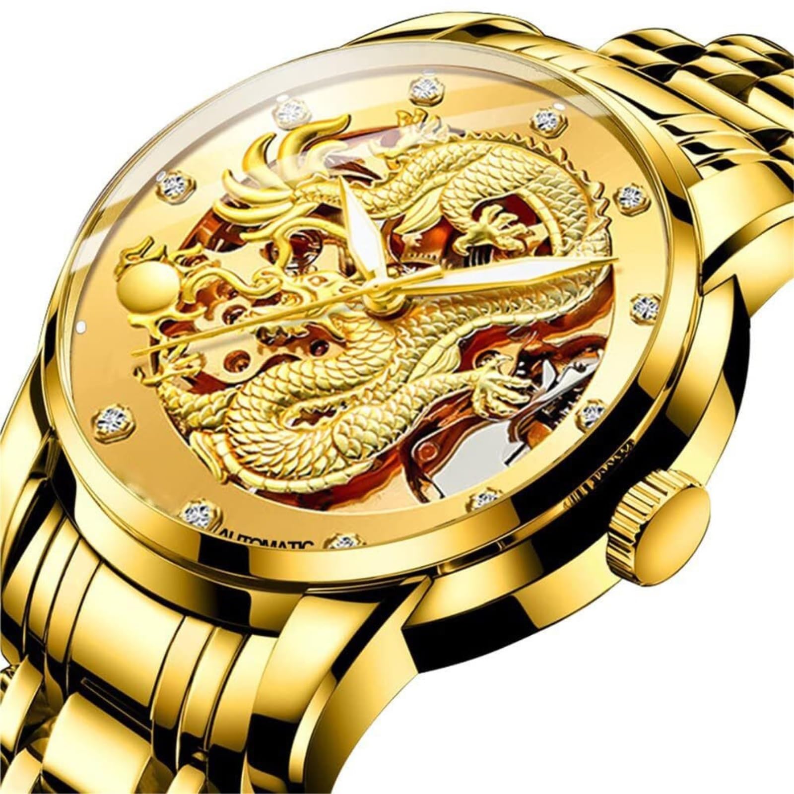 Reloj de Lujo Dragon Collection Limited for Hombre | Reloj de pulsera resistente al agua automático automático dorado con esfera tallada