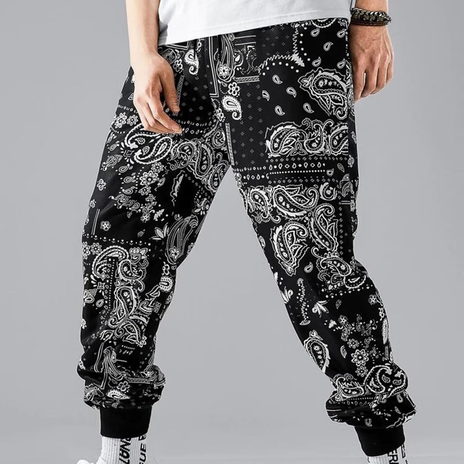 Men's Bandana Paisly Drawstring Jogger Pants Cashew Printed Sweatpants Skateboard Loose Swag Trousers with Pockets - Image 3