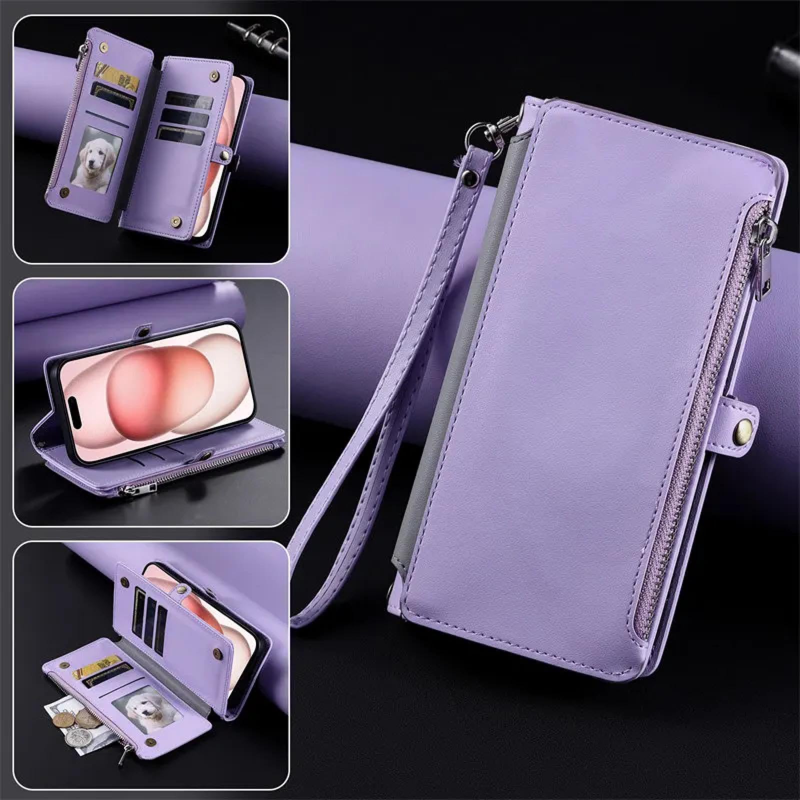 Do iPhone'a 15 Crossbody skórzany portfel z zamkiem błyskawicznym, etui na telefon, smycz, etui z klapką (do iPhone'a 15/różowy)