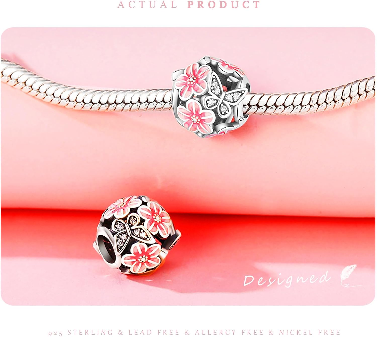 925 Sterling Silver Beads for Bracelets Necklaces, Rose Gold Pink Blossom Cherry Rose Flower Butterfly Star Heart Angel Charms Pendant, Vintage Jewelry Birthday Gift for Women Men Sister Lover - Image 5