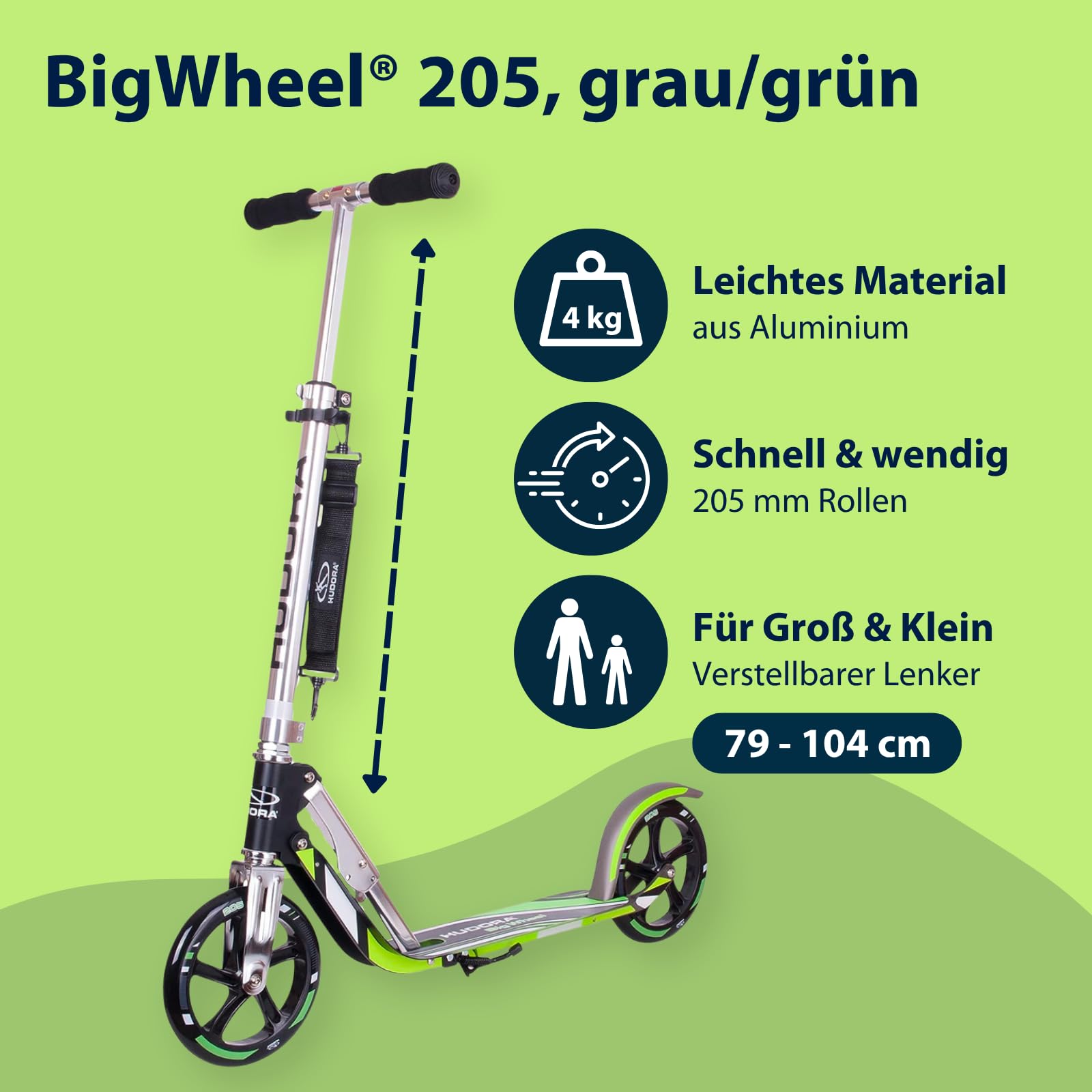 HUDORA BigWheel 205 Scooter - Stabiler Aluminium-Roller - Höhenjustierbarer & zusammenklappbarer Cityroller mit Ständer - Sportlicher Kinder- & Erwachsenenroller für bis zu 100kg