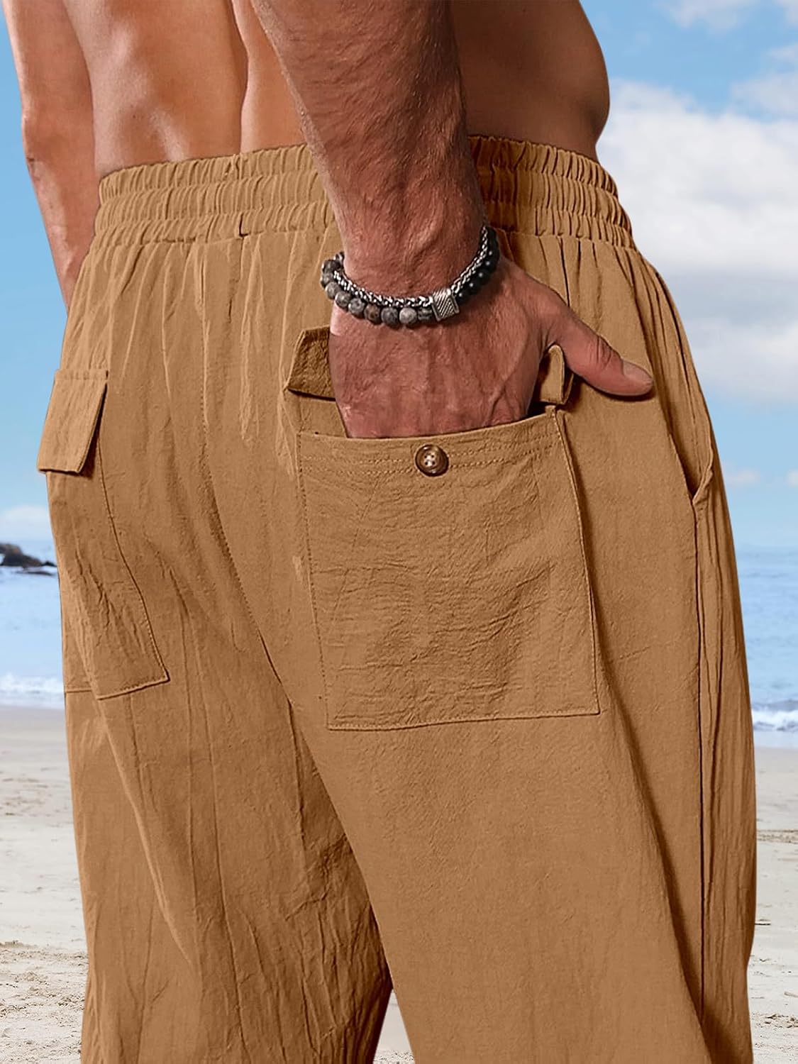 Mens Linen Pants Casual Summer Beach Pants Elastic Waist Drawstring Lightweight Vacation Trousers with Pockets - Image 2