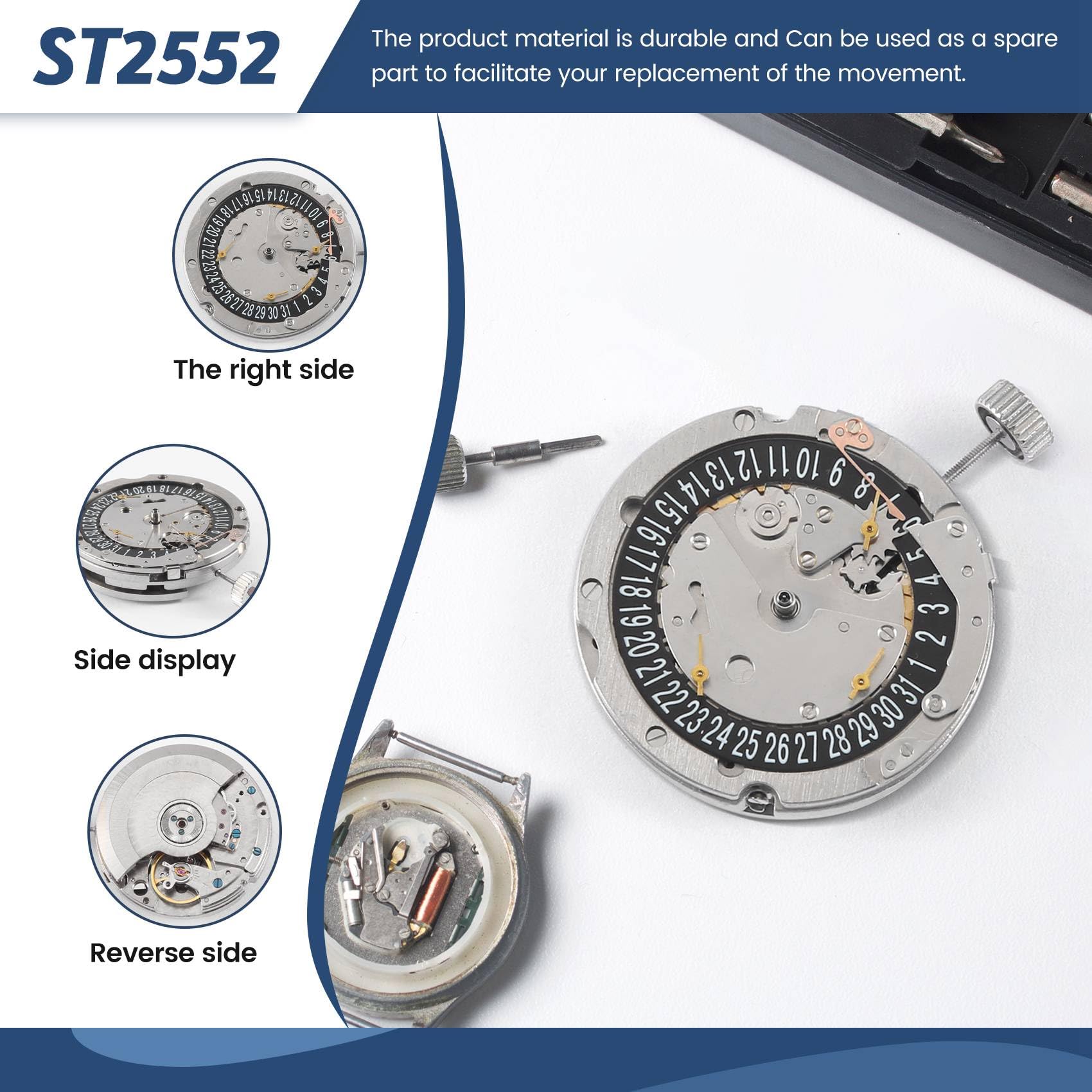 St2552 Vollautomatisches mechanisches Uhrwerk mit schwarzem Sechs-Pin-Kalender, 6 Stunden, 3/6/9 Stunden, kleines Zubehör für Uhren
