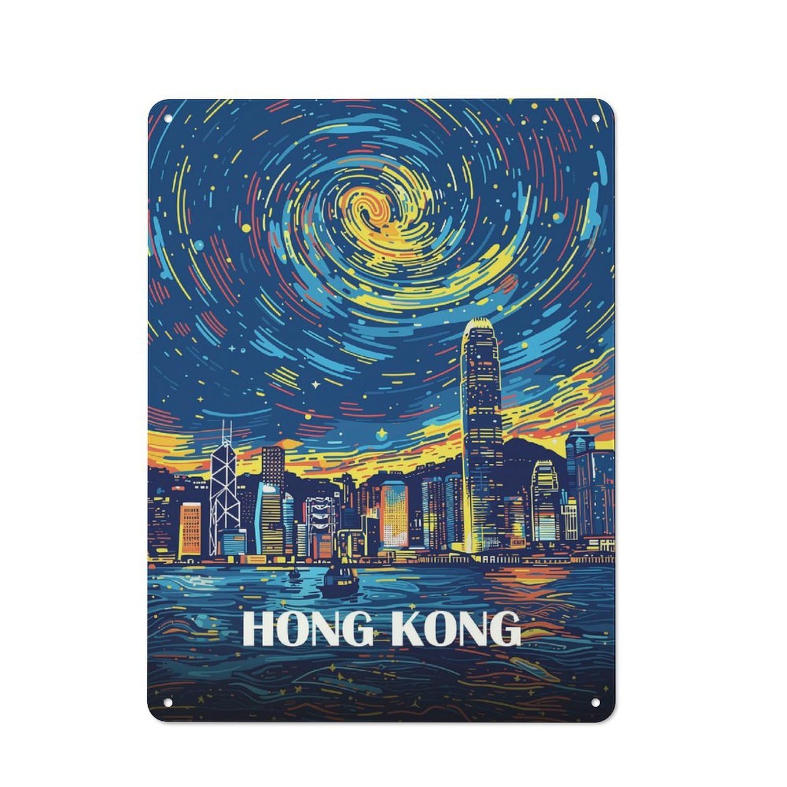 Hong Kong Cityscape Night Art Tin Sign 40x30cm, Creative Studio Wall Plaque for Hobby Room, Office, Lounge Or Living Room