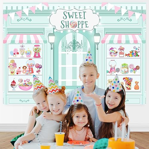 Miniatura 3 de Mocsicka Sweet Shoppe - Telón de fondo de 7 x 5 pies para decoración de fiesta de cumpleaños de niña, decoración de mesa de pastel de helado,