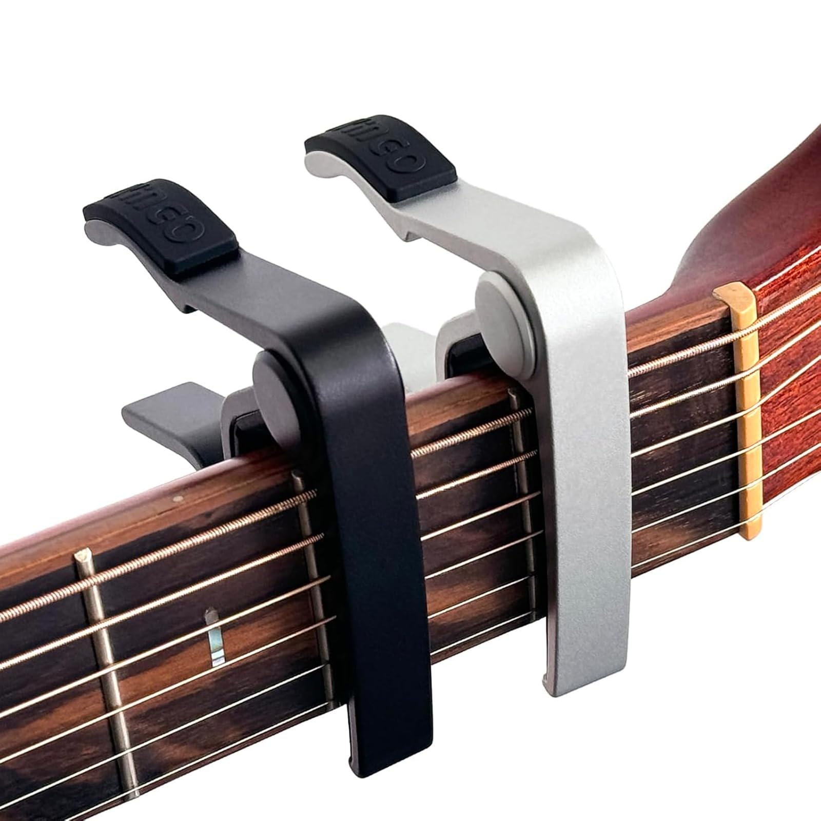 Lot de 2 capodastres de guitare + 10 médiators pour guitare acoustique/guitare électrique/ukulélé - Capodastre en métal noir et argenté - Fermeture rapide