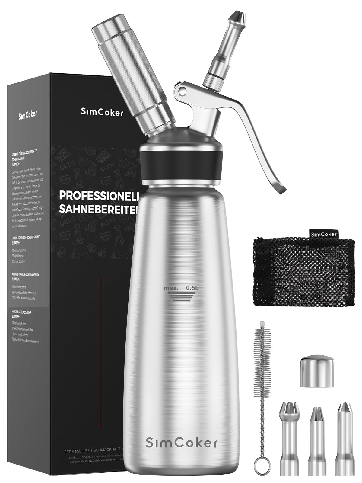 Sahnespender,Edelstahl Sahnesiphon 500ml,inklusive Ersatzteile 3 Spritztüllen und 1 Reinigungbürste, Schlagsahnebereiter,Deutsche Anweisungen