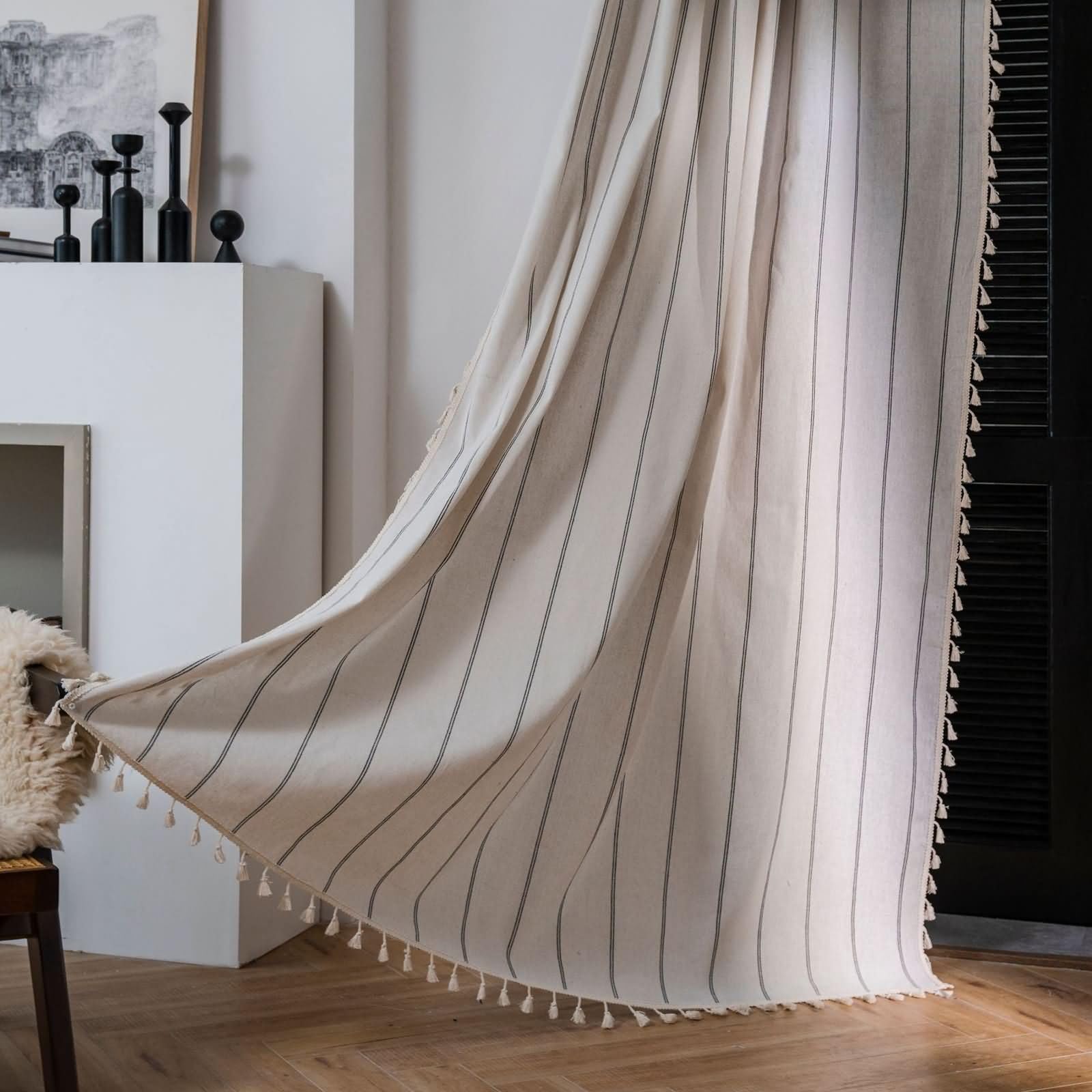 Zasłony Voille 2 panele 2 x 150 cm szer. x wys. 221 cm, zasłony do sypialni, półprzezroczyste beżowe paski i frędzle, zasłona z kieszenią na pręt