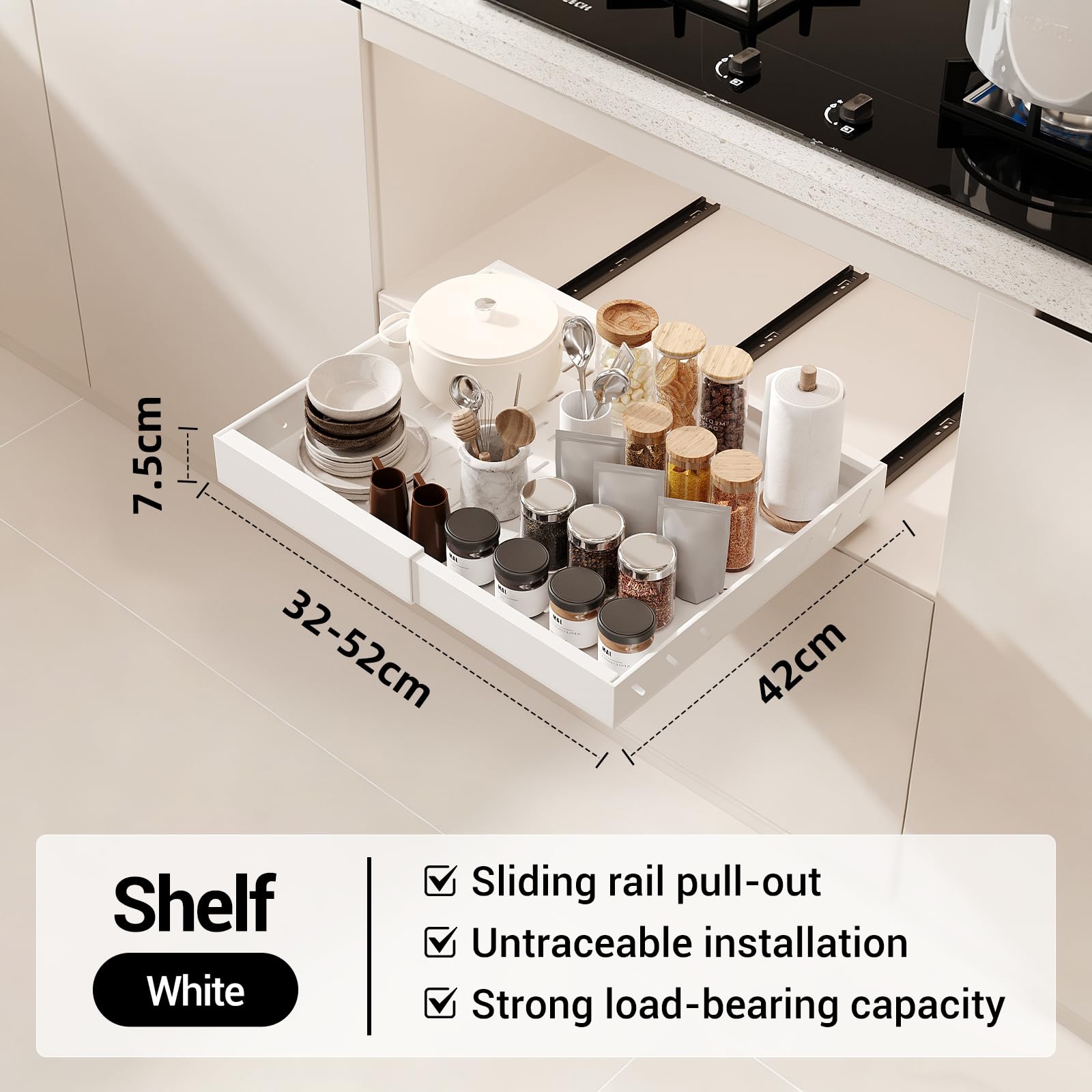 GarveeHome Lot de 2 Tiroirs Coulissants Extensibles en Acier au Carbone – Glissières à Billes Silencieuses, Antirouille, Sans Perçage – Réglable 32-52 cm – Pour Cuisine, Salle de Bain, Garde-Manger –