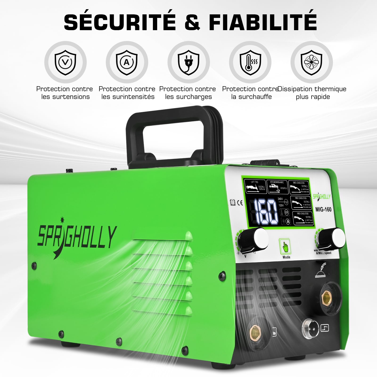 MIG160 Poste à Souder Inverter IGBT 160A 230V, 3 en 1 MIG Sans Gaz (FLUX MIG) / MMA/Lift TIG, Grand Écran LED, Léger et Portable - Idéal Débutants et DIY