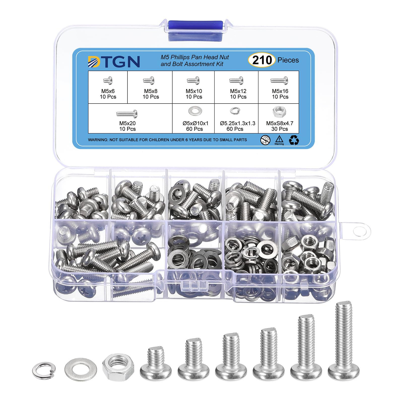 DTGN 210Pcs Machine Screws Assortment Kit, M5 Phillips Pan Head Nut and Bolt Assortment Kit