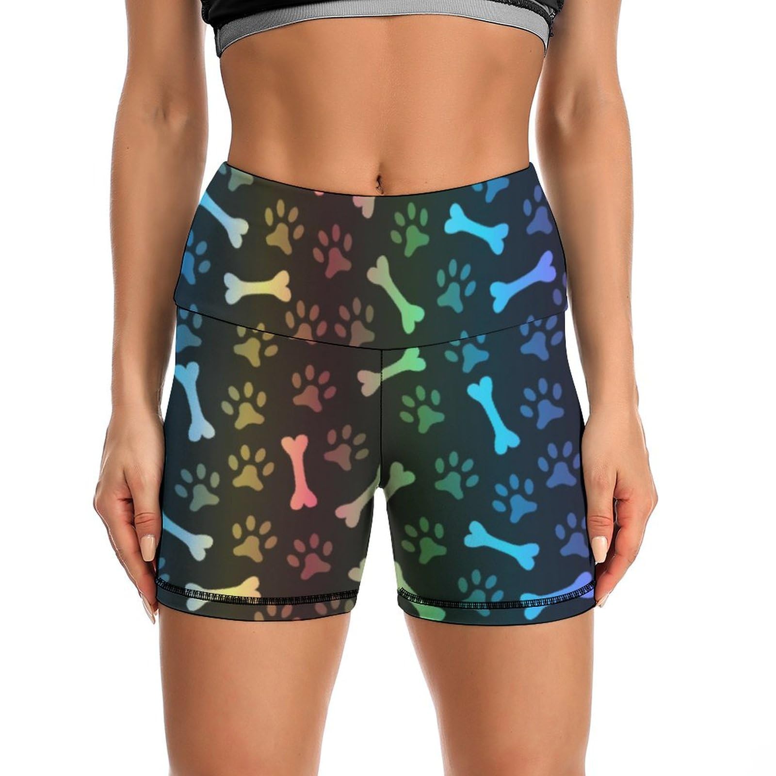 Rainbow Paw Footprint Animal Pattern High Waist Yoga Shorts for Women Athletic Shorts Leggings Running Pants