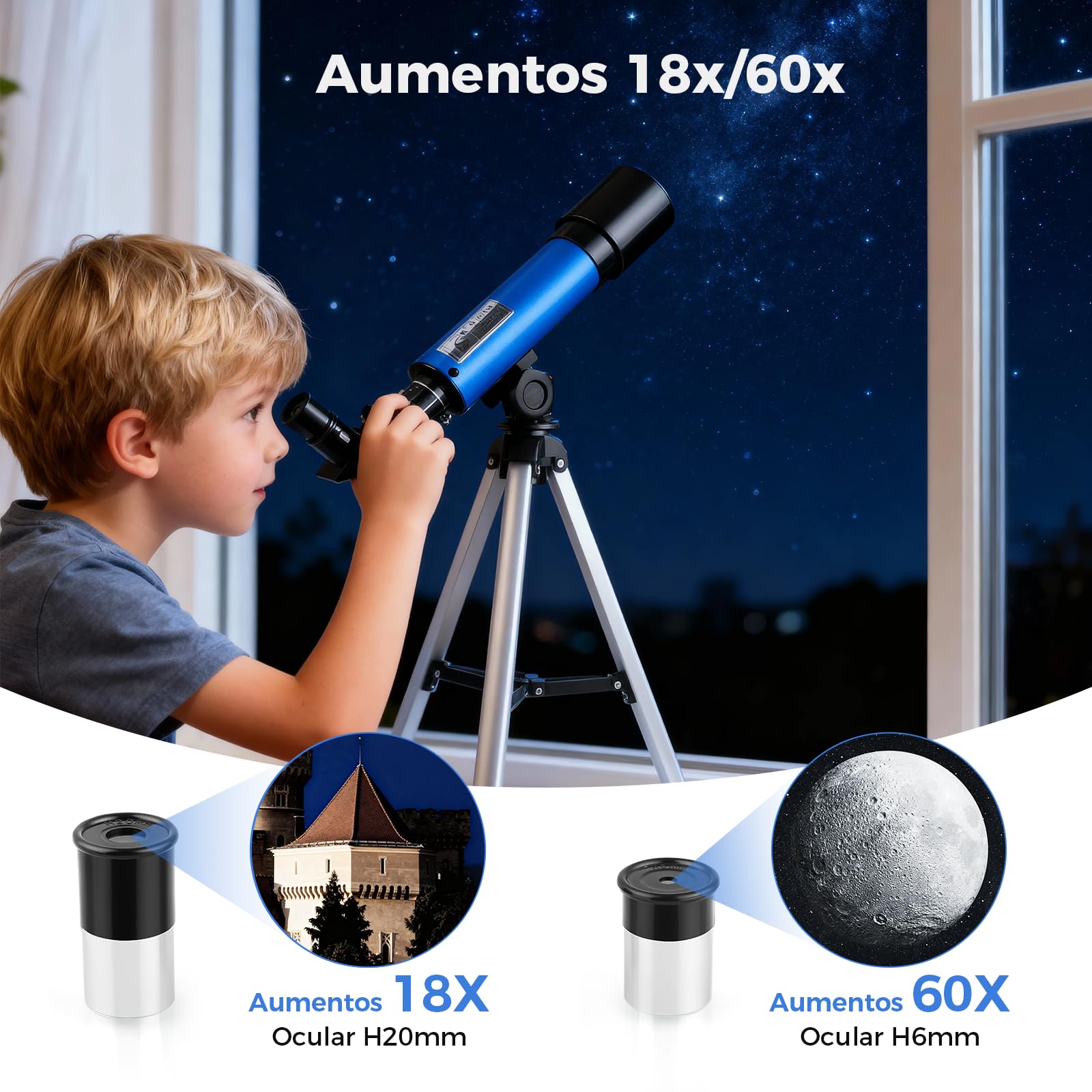 Cowiewie Telescopio para niños 50/360mm Partir de 6 años y Principiantes, Despertar el interés por la astronomía, Telescopio portátil con trípode