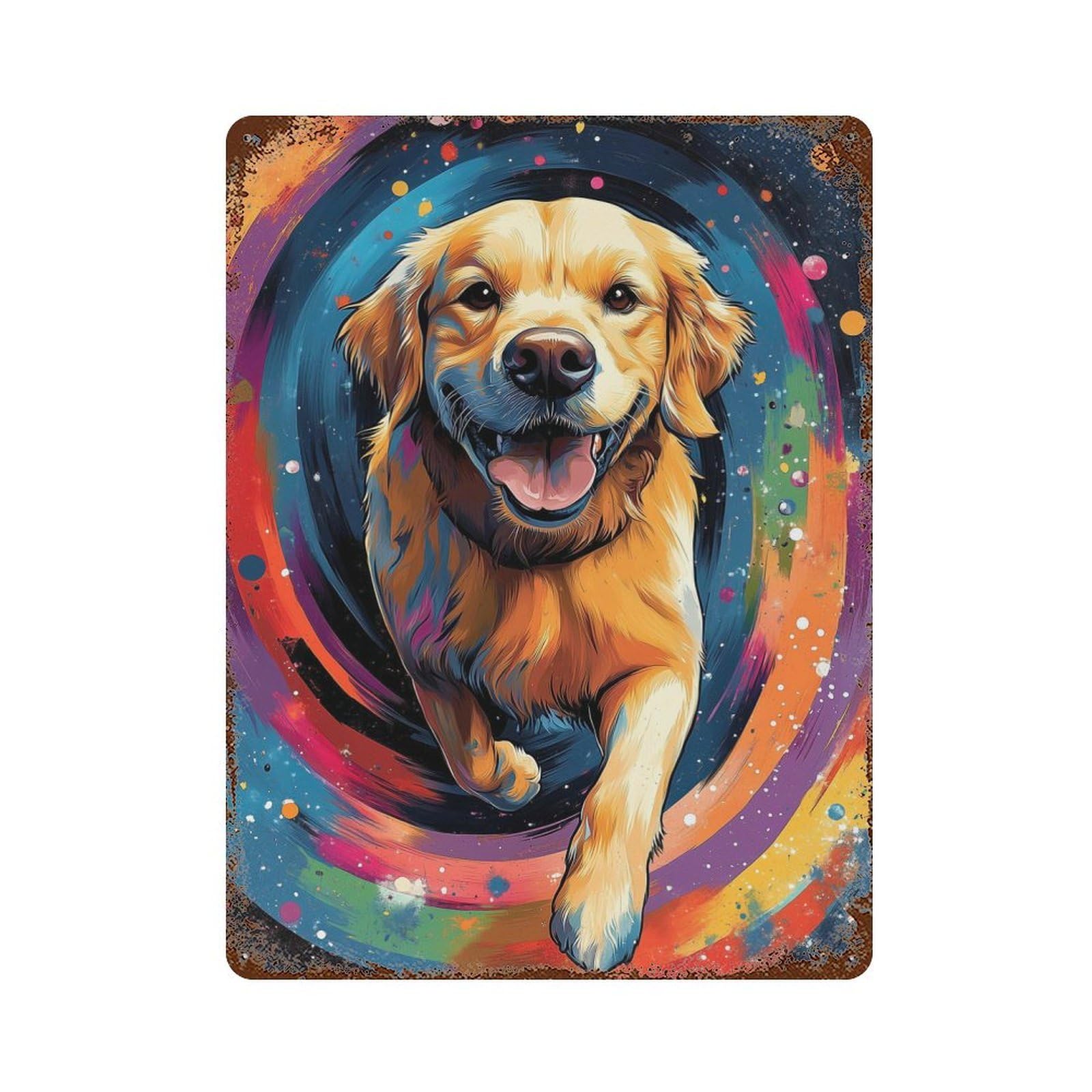 Golden Retriever in Space Rust Effect Tin Sign 15.7"x11.8", Novelty Wall Decor for Garage, Pub Or Kitchen