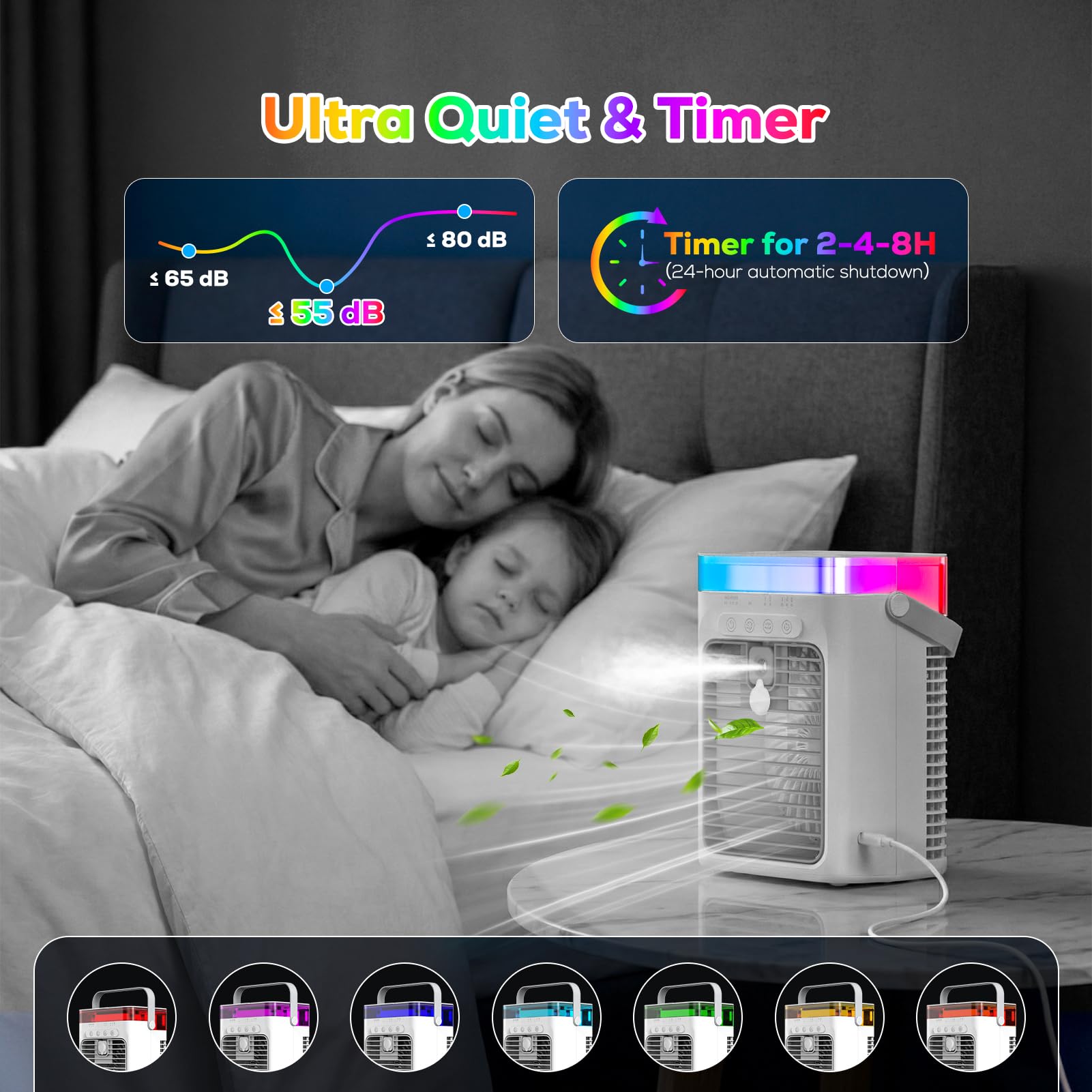 Condizionatore d'Aria Portatile, 3-in-1 Raffreddatore ad Evaporazione con 3 Velocità e 2 Modalità Nebbia, 1000ml Mini Condizionatore, Ventilatore USB con Luce RGB e Timer per Ufficio Auto Camper