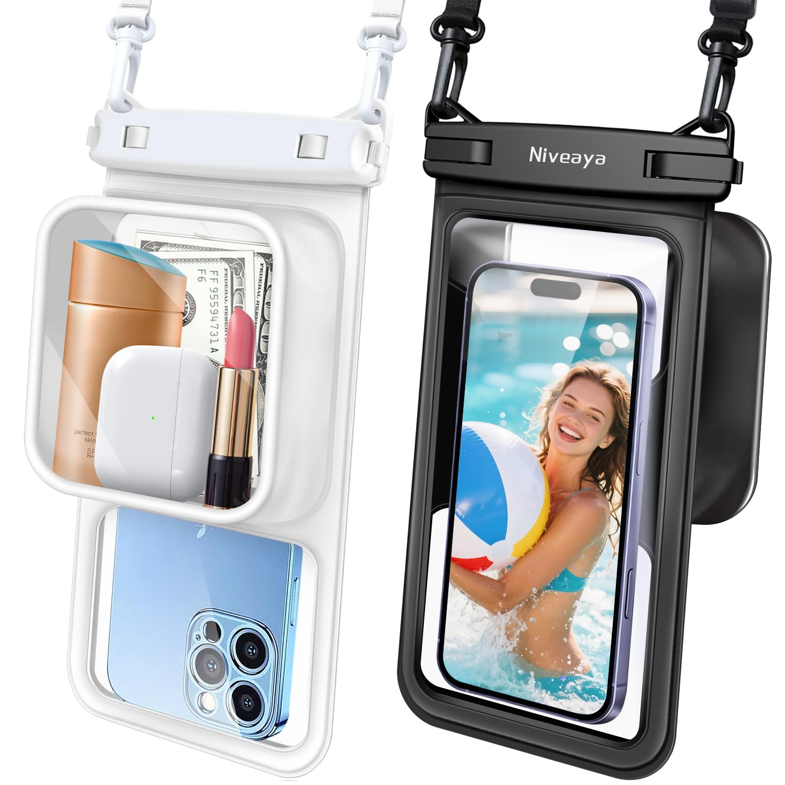Niveaya [Floatable Floating Waterproof Phone Pouch 2 Pack-Up to 8.5", Large Space Adjustable Neck Lanyard Waterproof Phone Case, Phone Dry Bags for
