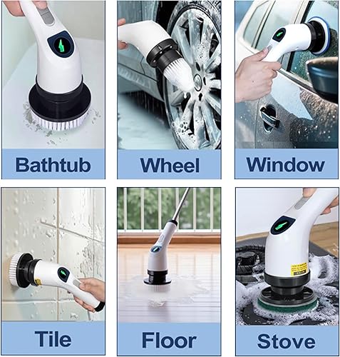 Miniatura 6 de Limpiador eléctrico giratorio para limpieza, limpiador de ducha con mango largo y 7 cabezales reemplazables, cepillo de ducha inalámbrico de 2