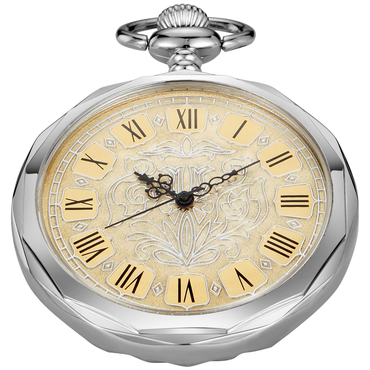 Uncovered Men's Mechanical Pocket Watch with Chain, Uncovered Roman Design Dial Chain Mechanical Pocket Watches for Men