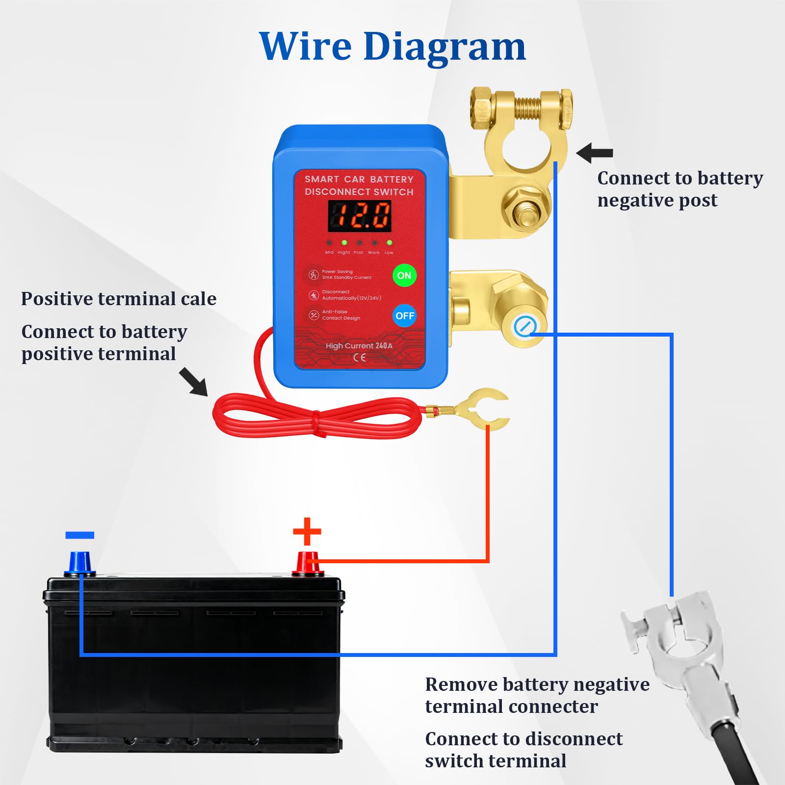 Drahtloser Auto Batterietrennschalter 12V mit Fernbedienung, 240A Drahtloser Fernbatterie-Trennschalter für Autos, Batterie Trennschalter mit Fernbedienung für RV, ATV, LKW, Yacht, Boot (Blue Red) | 12 V 240 A Fernbedienung, automatischer Ausschalter mit