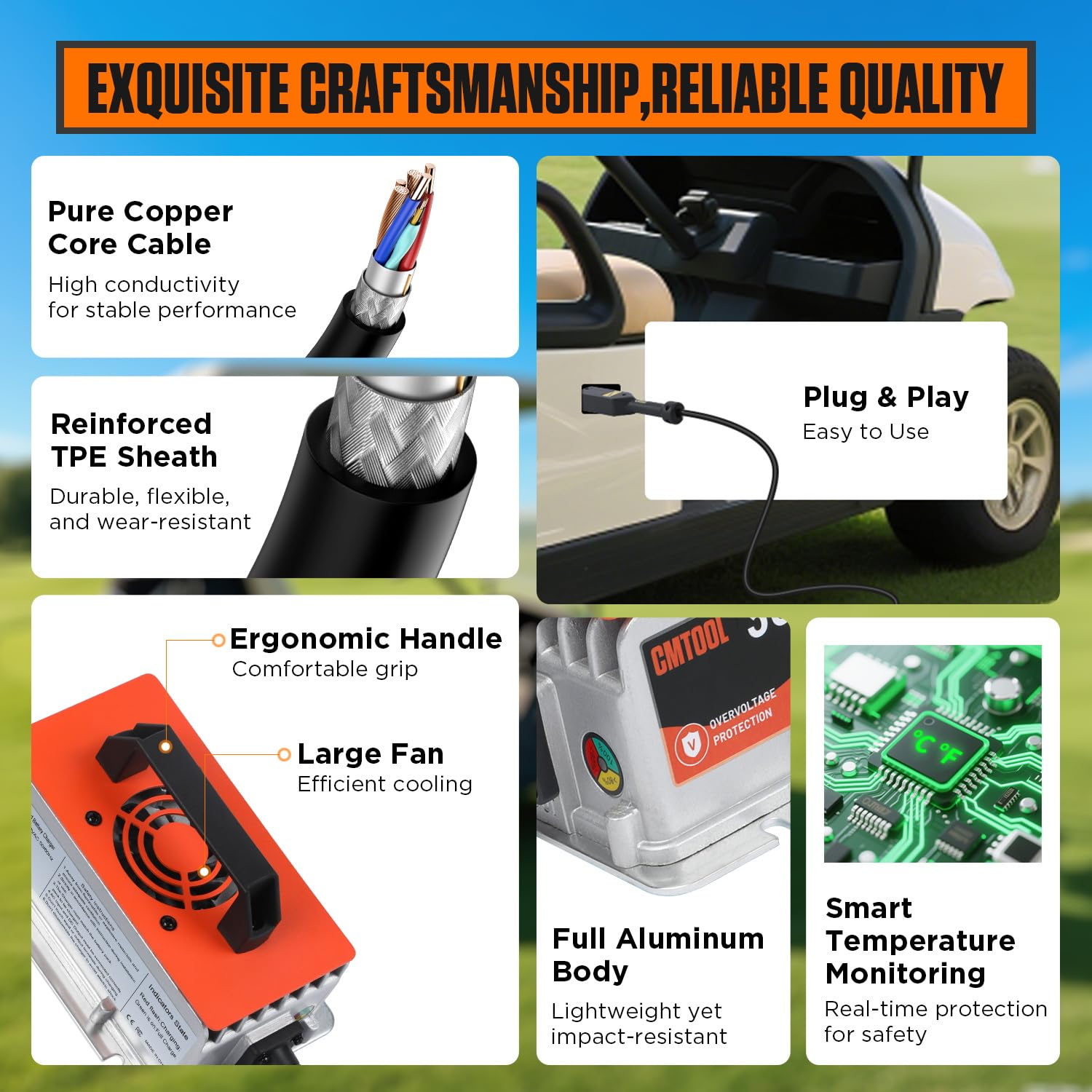 CMTOOL Chargeur de batterie de chariot de golf 36 V 18 A pour voiturettes de golf EZGO TXT avec prise de type D, chargeur de batterie automatique intelligent 36 V 18 A au plomb étanche IP67