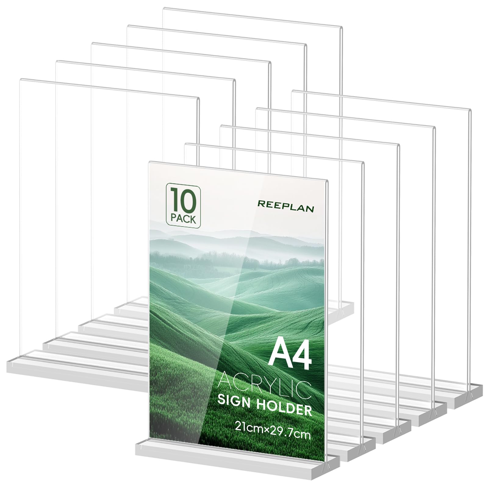 ReePlan 10 Pack A4 Acrylic Sign Holder, T-Shape Double-Side A4 Perspex Display Stand, Clear Menu Holders, Poster Holder and Sign Stand for Restaurant, Office, Store and Hotel