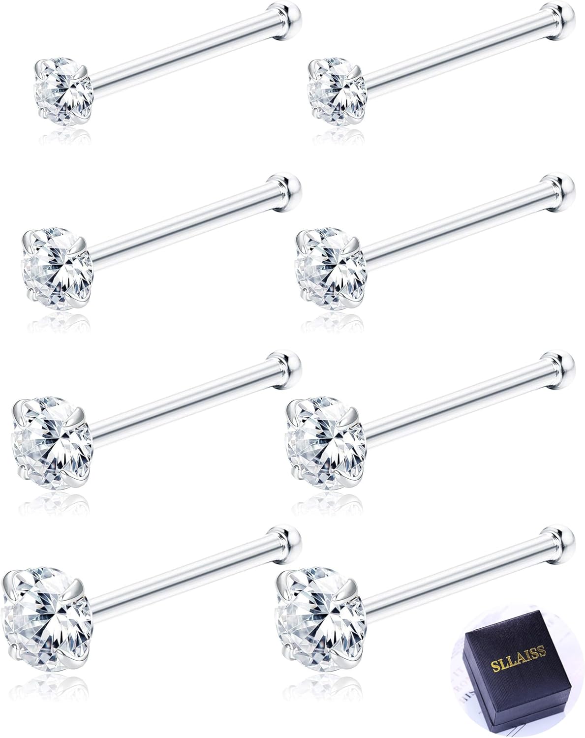 Sllaiss 8 Pcs 20G Nose Ring Studs Made with Austrian Crystal for Women Stainless Steel 1.5mm 2mm 2.5mm 3mm Nose Piercings Set Body Jewelry Hypoallergenic